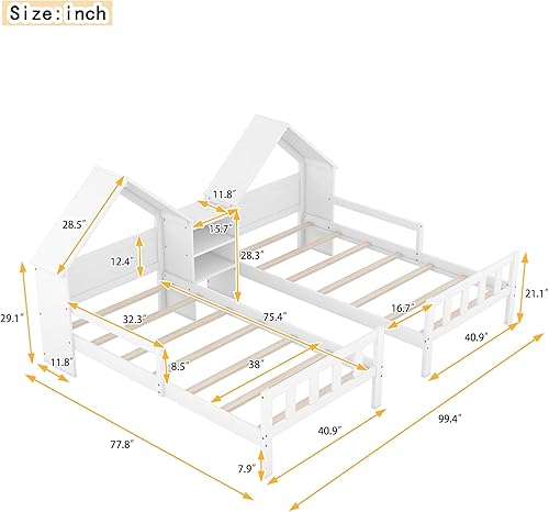 Miniatura 2 de Base de cama de madera de tamaño individual doble con cabecera en forma de casa y una mesita de noche integrada para niños, adolescentes, niños y