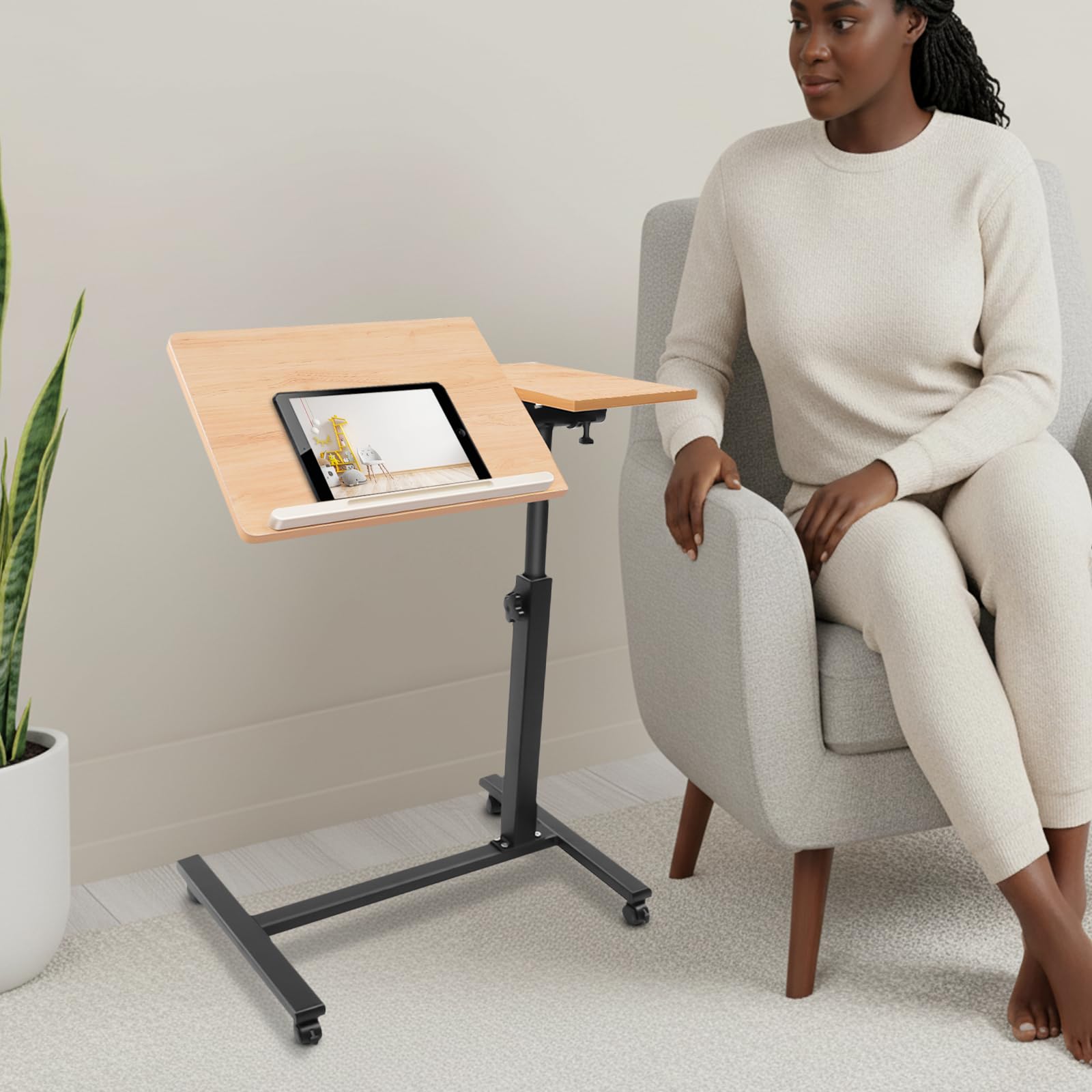 Mesa auxiliar con ruedas, mesa de aseo ajustable en altura, mesa de ordenador, mesa para ordenador portátil, mesa de PC giratoria 360° para oficina, mesa de cama de enfermería, escritorio (imitación