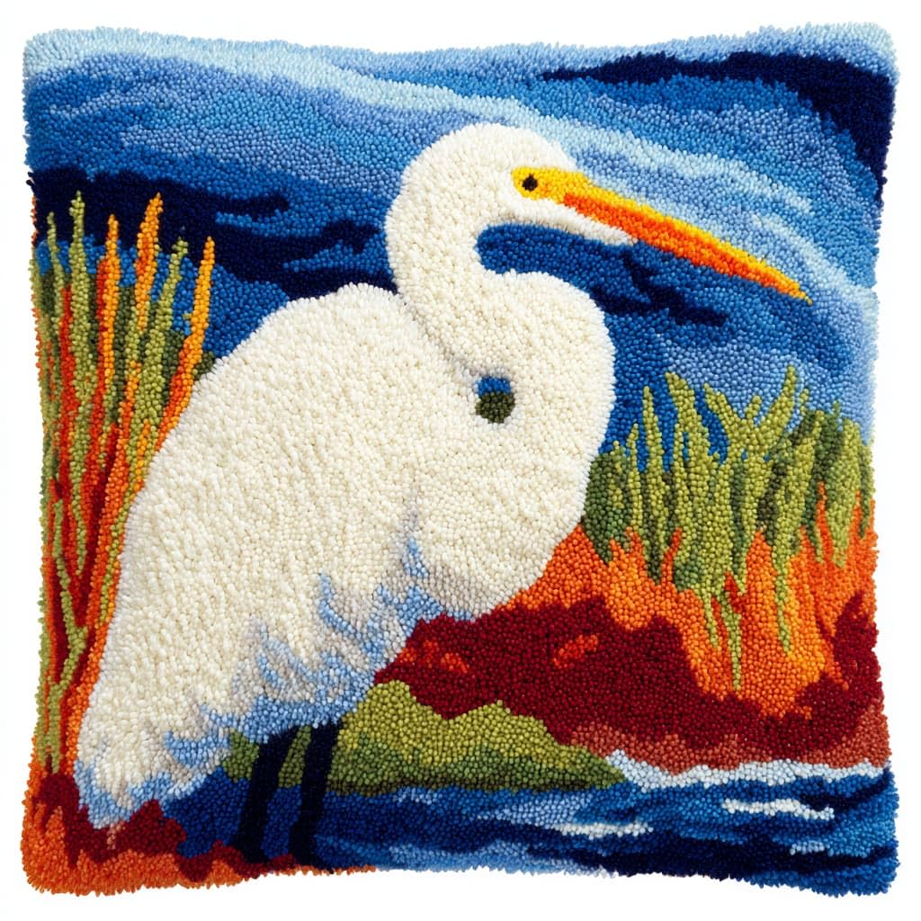 Taxpy Latch Hook Pillow Kits, Animal egret Pillowcase with Preprinted Throw Pillow Crochet Yarns Knitted Latch Hooking Cushion for Home Sofa 17x17inch