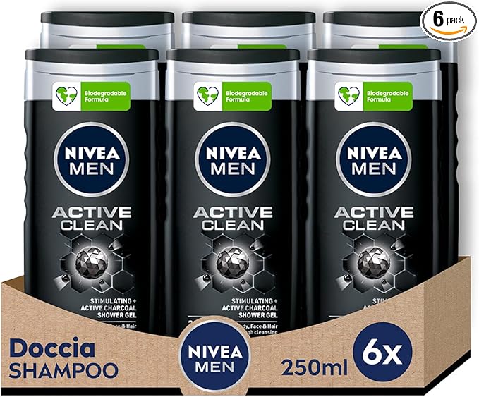 title=NIVEA MEN Active Clean Doccia Shampoo in confezione da 6 x 250 ml, Bagnoschiuma