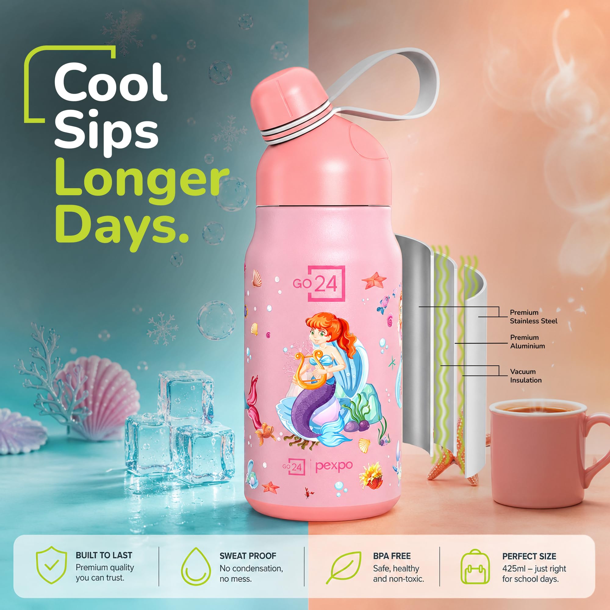 Go24 pexpo Stainless Steel Bottle for Kids Girls Piano Pink - Mermaid 1