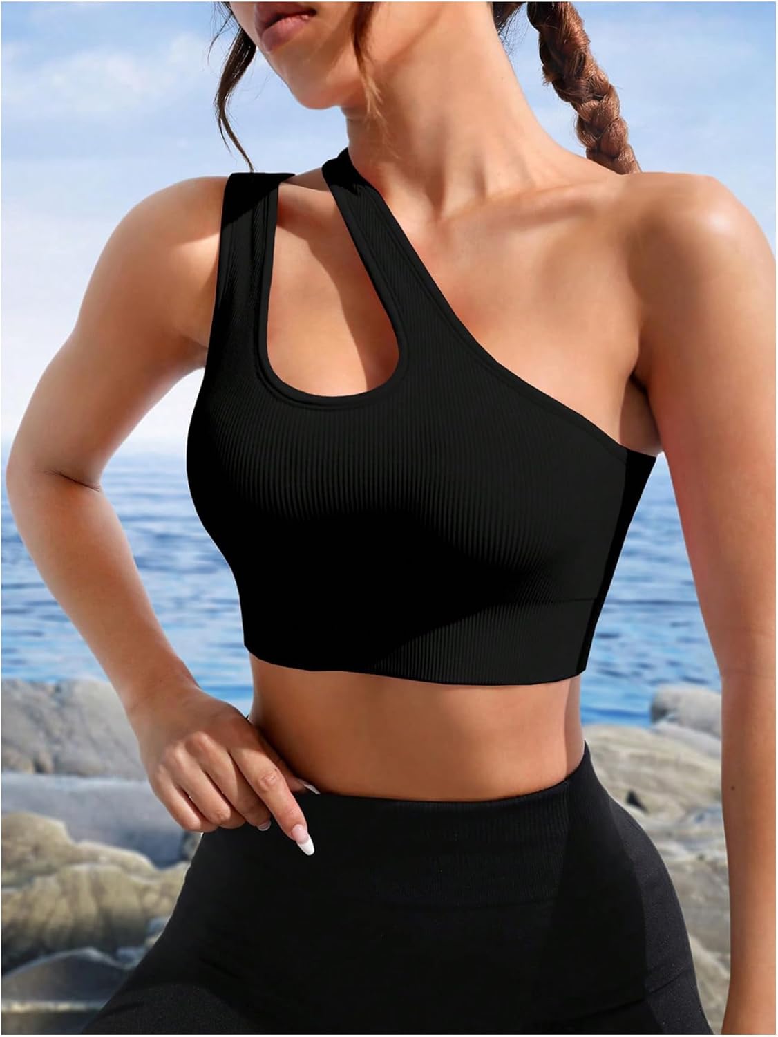 SweatyRocks Women's Sports Bras Cut Out One Shoulder Workout Yoga Bra Athletic Running Gym Crop Tops - Image 2