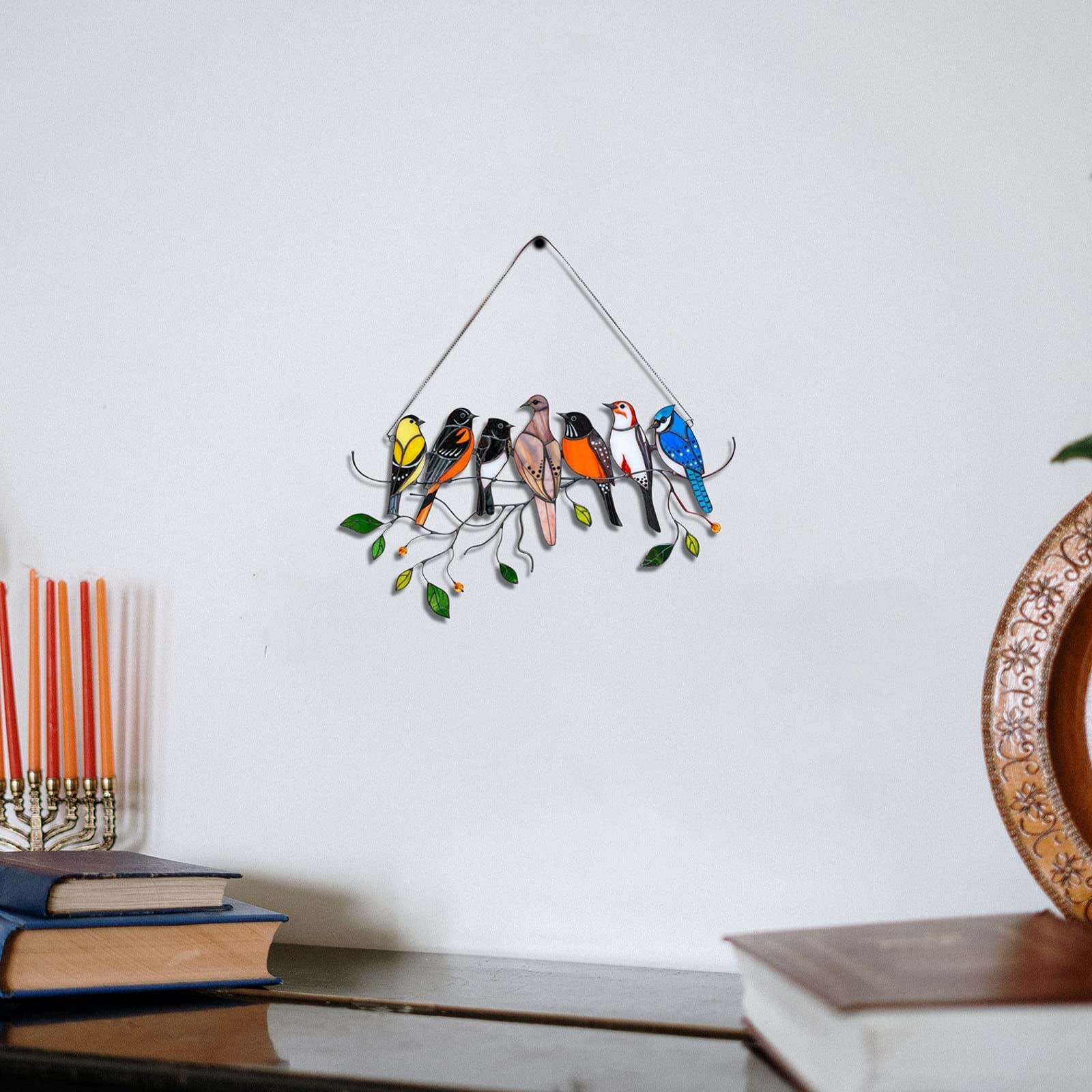 Glas-Fensterbehang, bunte Vögel auf einem Draht, hohe Buntglas-Fensterplatte, Vogel-Serie für den Außenbereich, Zuhause, Innenhof, Dekoration, Anhänger (mehrfarbig)