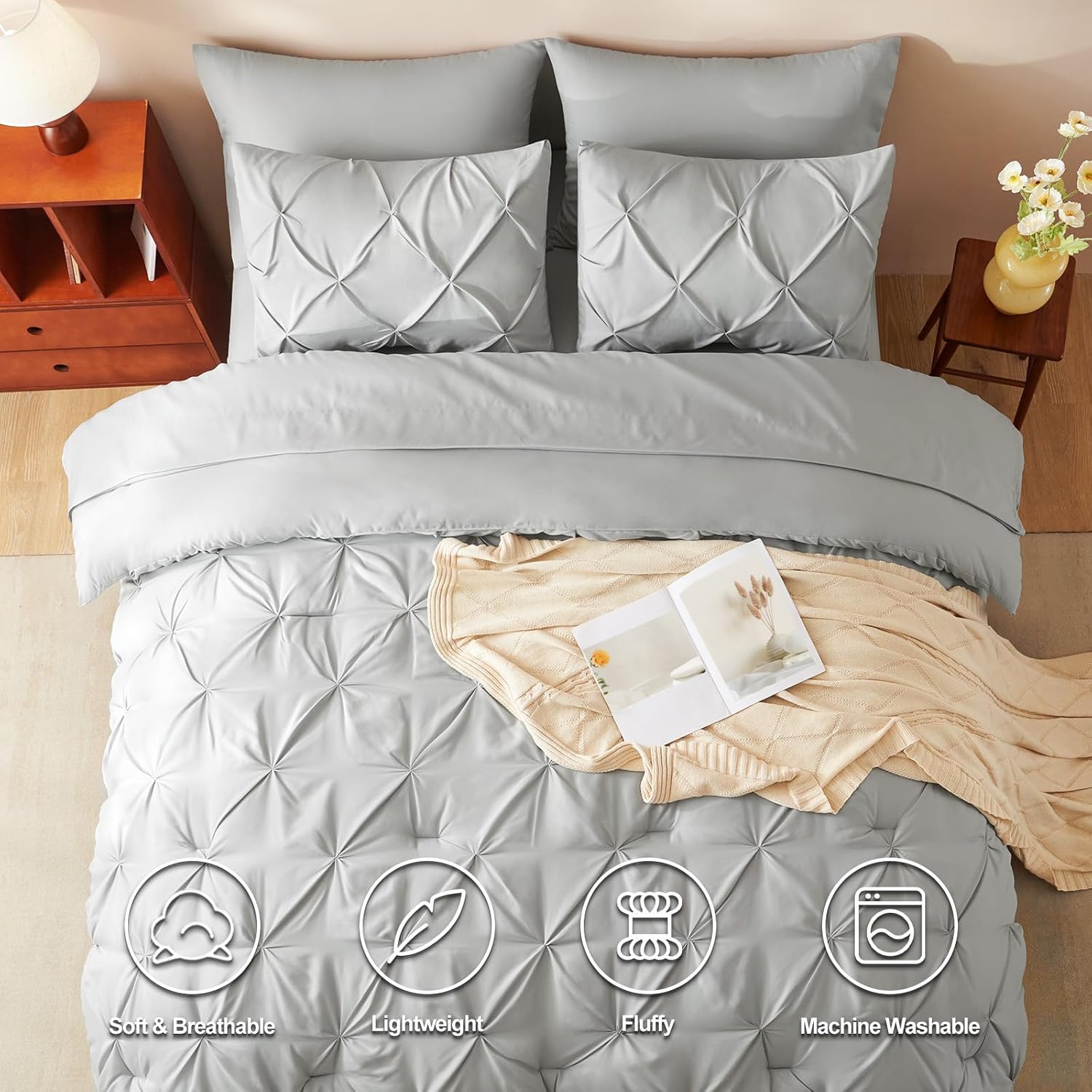 CozyLux Queen Comforter Set Light Grey, 7 Pieces Pintuck Bed in A Bag, Premium Gray Comforter Queen Size, Pinch Pleat Bedding Sets with Comforter, Sheets, Pillowcases & Shams - Image 2