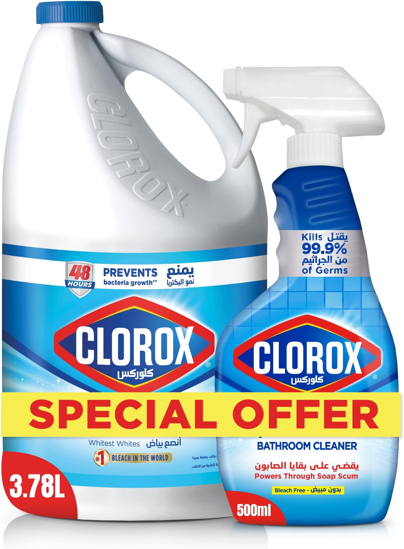 Clorox Bleach Liquid Original Scent 3.78L and Clorox Spray Bathroom Cleaner, 500ml, Bleach Free,