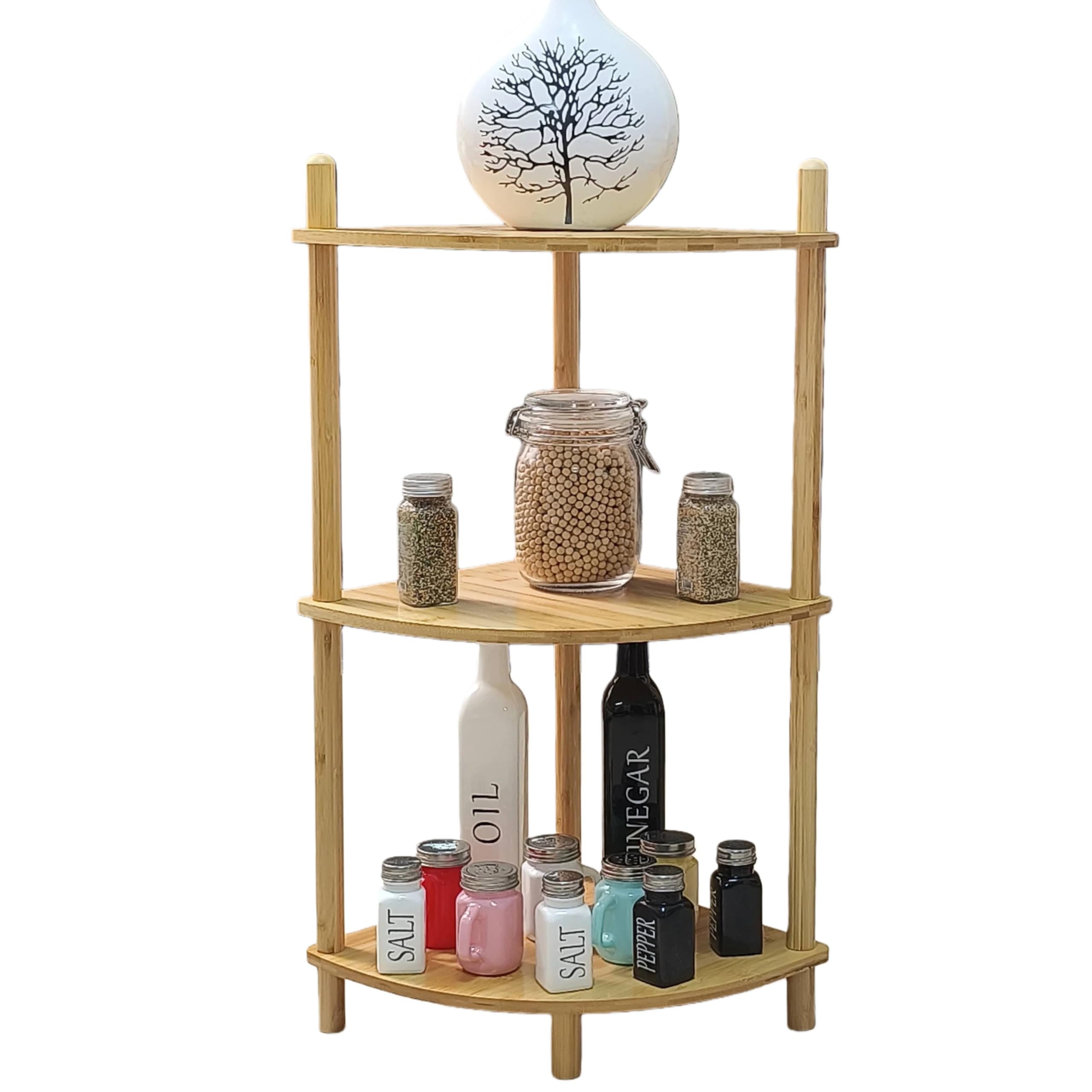 WooFawn 3-Tier Expandable Bamboo Corner Shelf Stand Corner Bookshelf Display Storage Shelves with Open Shelves for Organization and