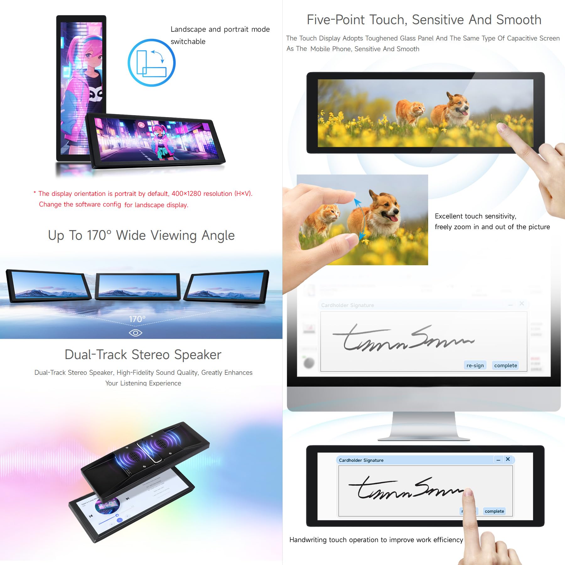 Waveshare 7.9inch IPS Touch Screen, 400 x 1280 Pixel, Toughened Glass Panel, HDMI Interface, with Hi-Fi Speaker, Collapsible Stand & Metal Case, Compatible with Raspberry Pi/Jetson Nano/Core3566/PC