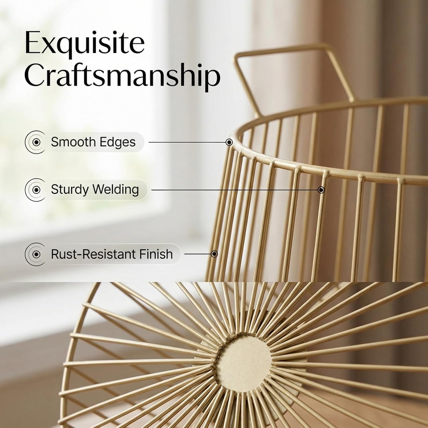 Round Metal Laundry Basket Gold Metal Wire Storage Basket Gold Metal Wire Storage Basket Large Capacity Decorative Open Grid Organizer with Handles for Living Room,Bathroom,Bedroom