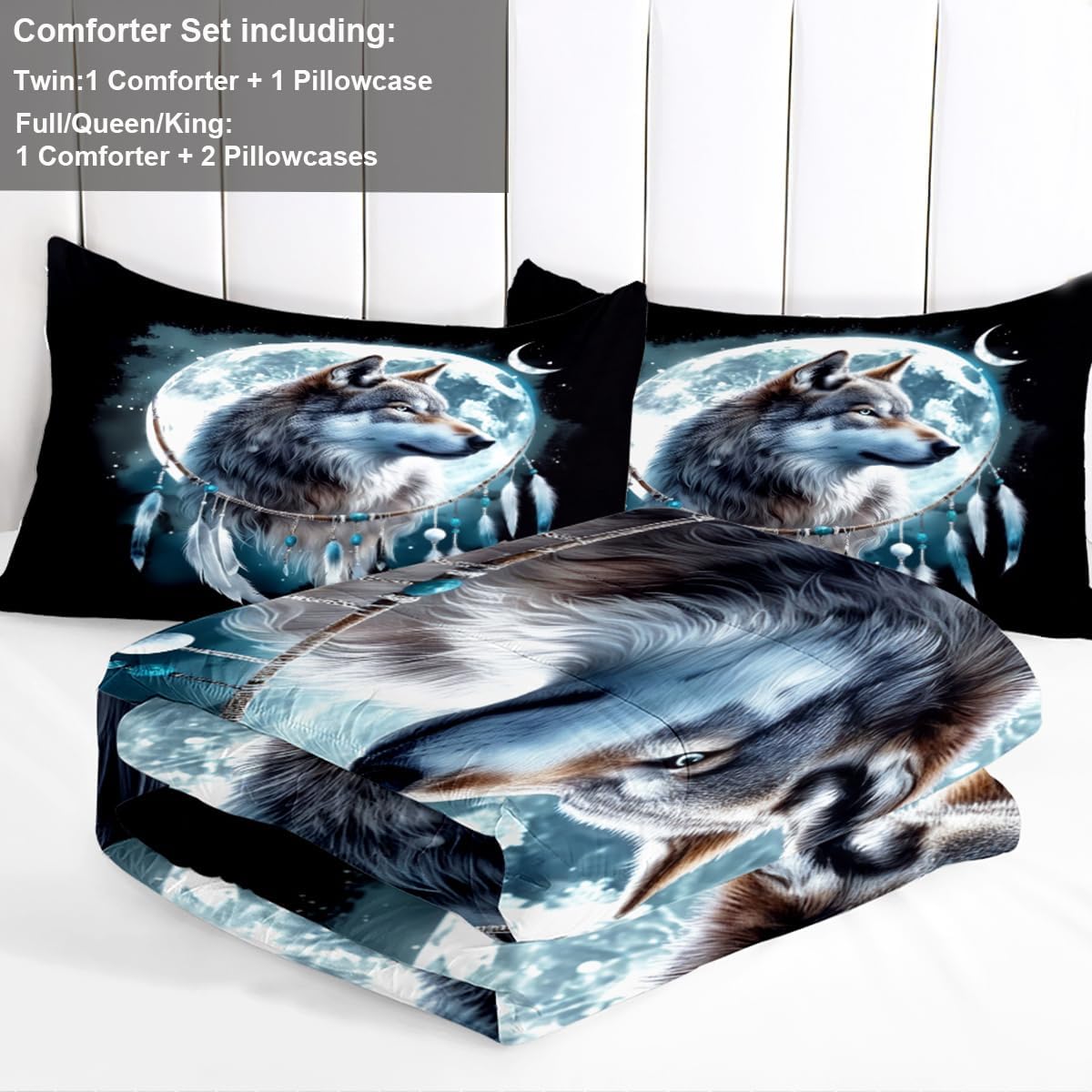 Wolf Comforter Set Queen Size, Wolves Moon Bedding Set, Dream Catcher & Animal Pattern on Black Bedding, Western Boho Tribal Comforter Soft Microfiber Down Quilt 3 Pieces