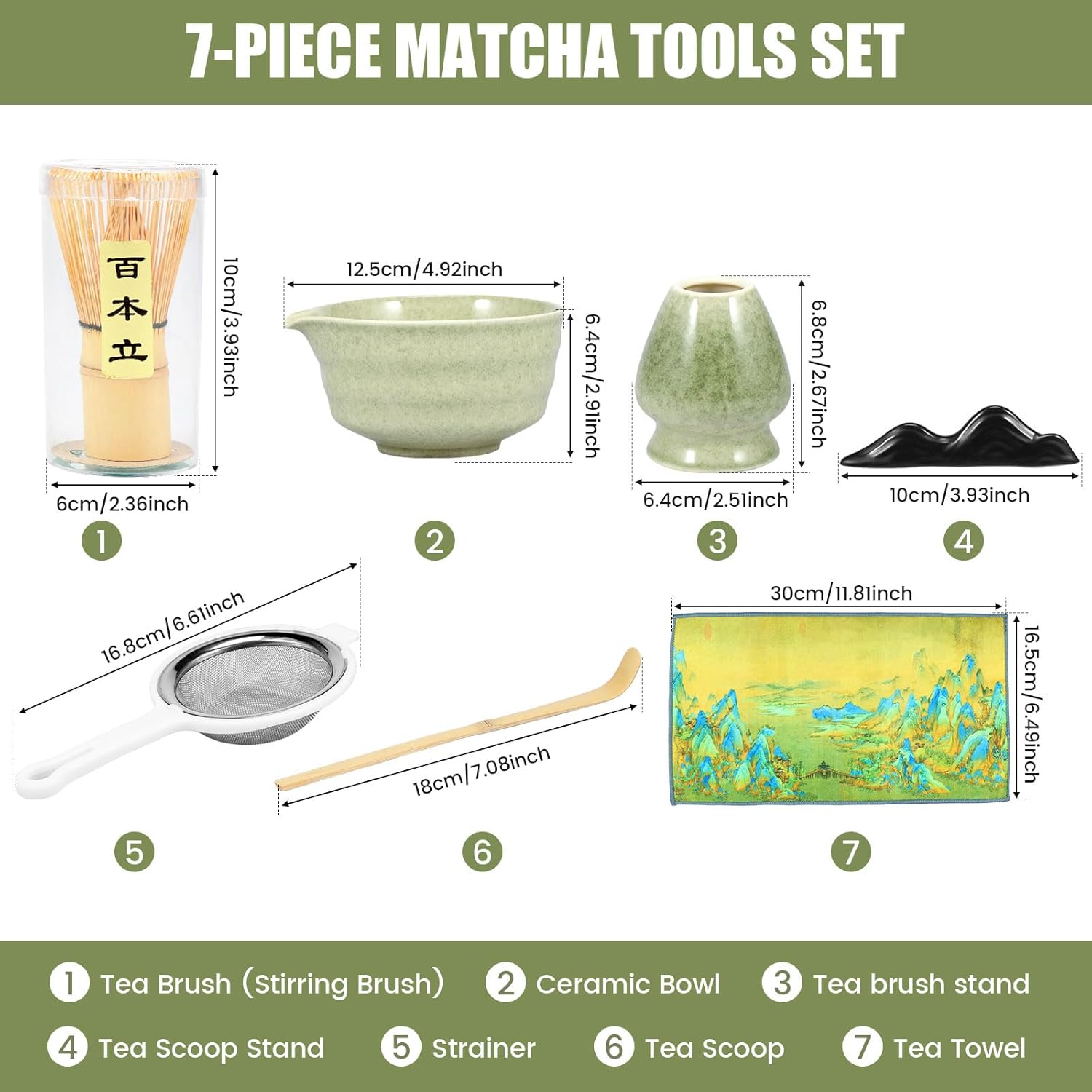 7Pcs Japanese Matcha Tea Set Matcha Making Starter Kit with Matcha Whisk Bowl Whisk Holder Scoop and Strainer Safe Bamboo Matcha Whisk and Ceramic Bowl Set for Matcha Tea(Matcha Green)