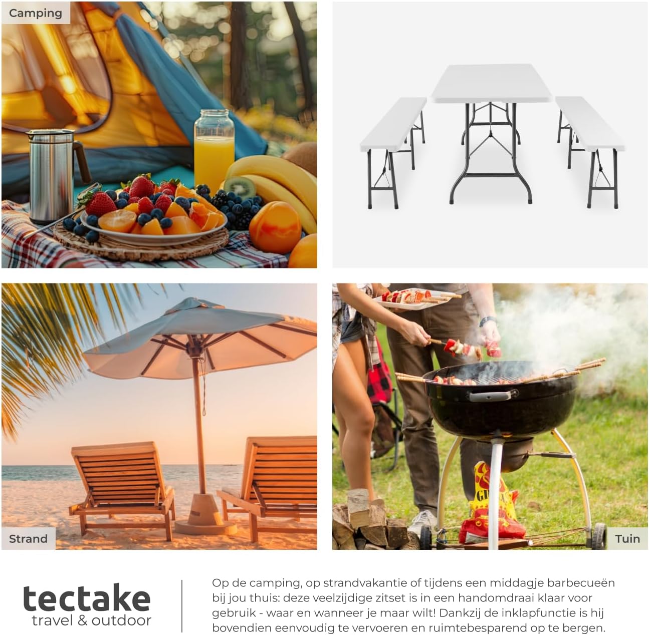 Lifestyle image showing the tectake folding furniture set being used for camping, at the beach, and in a garden setting.