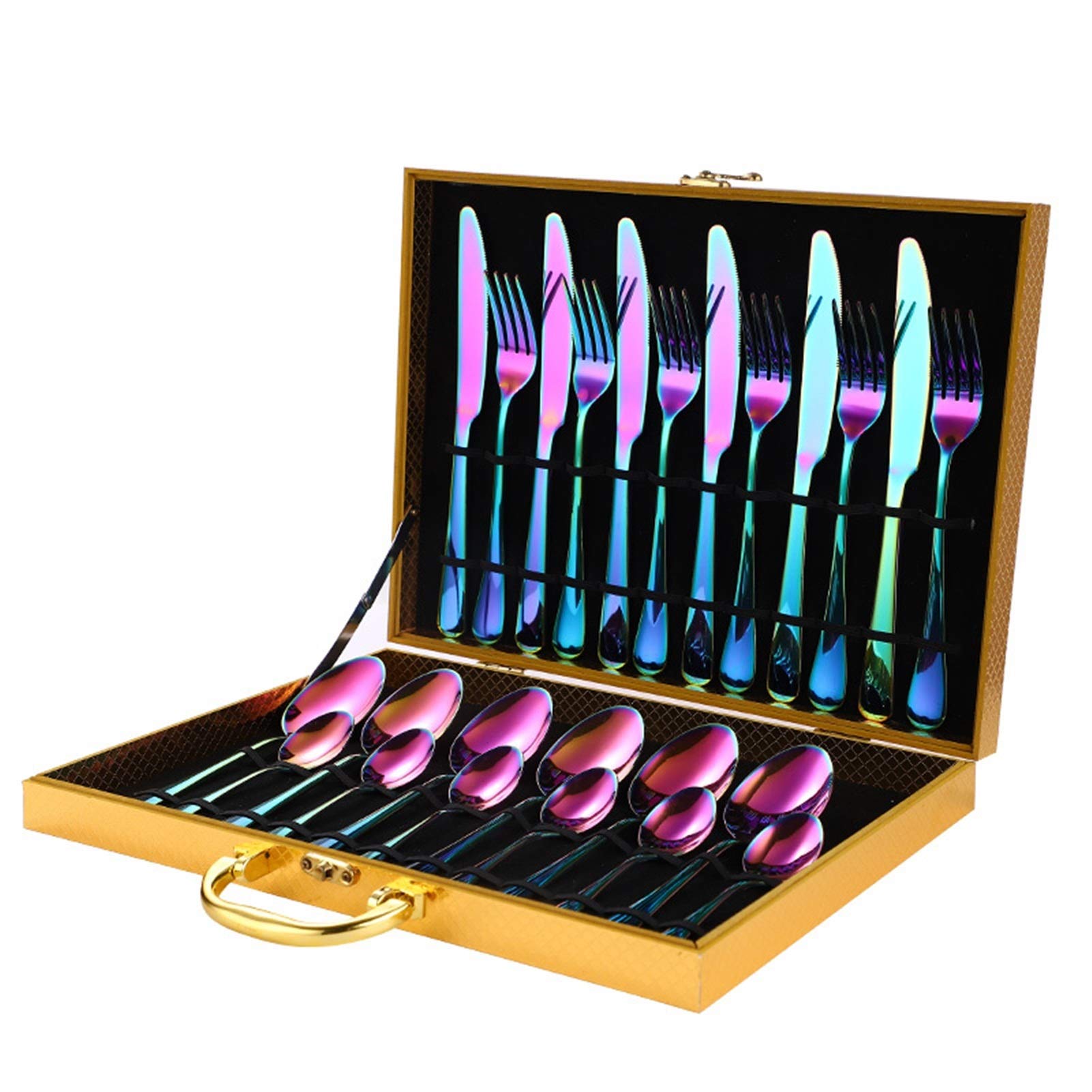 Naczynia stołowe 24 sztuk tęczy sztućce ze stali nierdzewnej Zestaw stołowych Zestaw stołowych Description Nóż Zestaw Prezent Obiadowa Set Box (Color : Rainbow 6 sets)