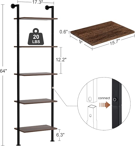 Acovy 5-Tier Bookshelf Solid Wood Ladder Shelf, Narrow Book Shelf Set of 2, Wooden Ladder Shelf Bookcase, Wall Mount Ladder Shelf, Storage Rack for Living Room, Bedroom, Industrial Style, Dark Brown