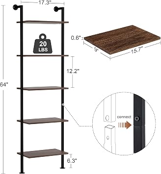 Acovy 5-Tier Bookshelf Solid Wood Ladder Shelf, Narrow Book Shelf Set of 2, Wooden Ladder Shelf Bookcase, Wall Mount Ladder Shelf, Storage Rack for Living Room, Bedroom, Industrial Style, Dark Brown