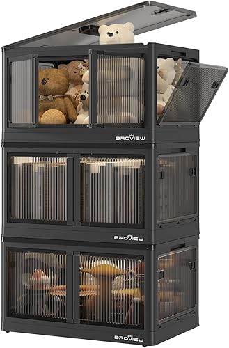 BROVIEW Contenedores de almacenamiento plegables negros de 300 cuartos de galón con tapas, contenedor de almacenamiento apilable de plástico para