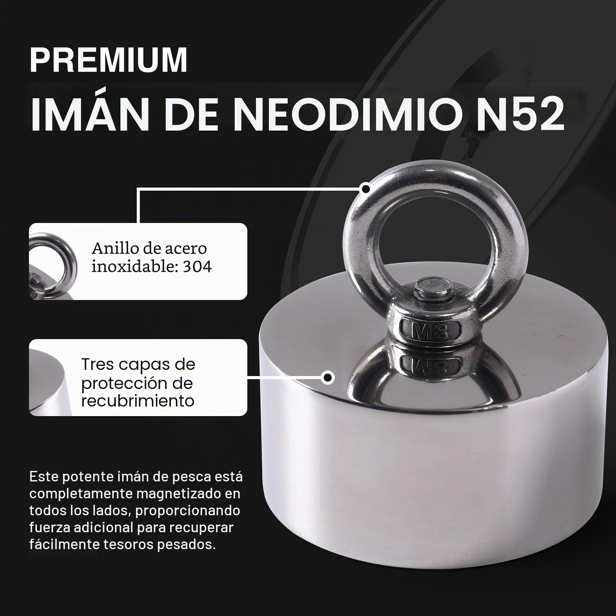 Potente imán de pesca de 360 grados de 907,2 kg | Imán de neodimio potente N52 | Pesca magnética para rescate y búsqueda del tesoro en ríos y océanos