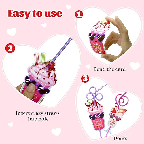 Miniatura 4 de Tuzuaol Paquete de 32 tarjetas para el día de San Valentín para niños, aula, escuela, San Valentín, tarjetas de intercambio con pajitas locas