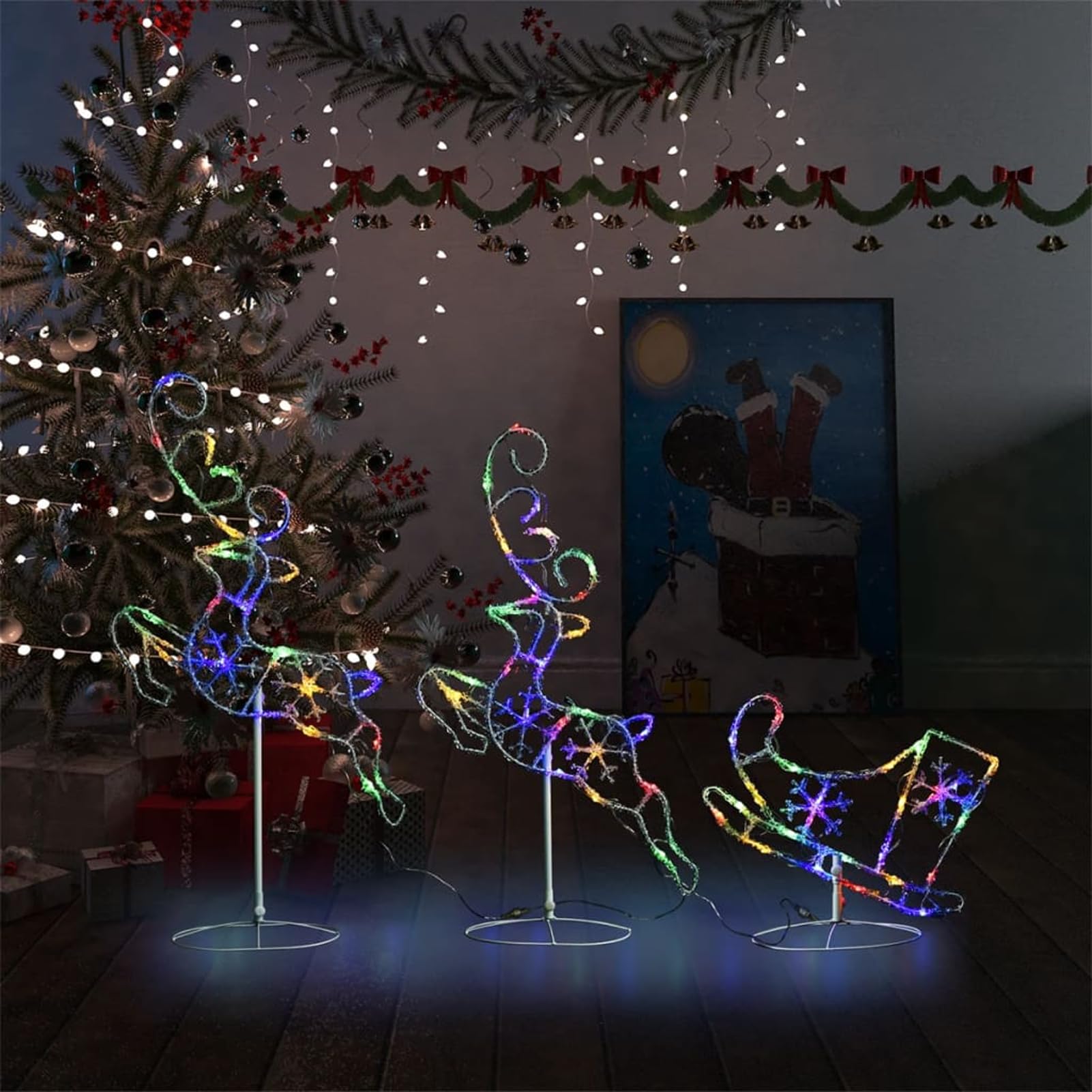 Gecheer Weihnachtsdeko LED Rentiere & Schlitten Acryl 260x21x87 cm Bunt, Weihnachtsdekoration für Weihnachtsmarkt Festliche Eventdekoration Garten Rasen Terrasse Vorgarten Fassade328512