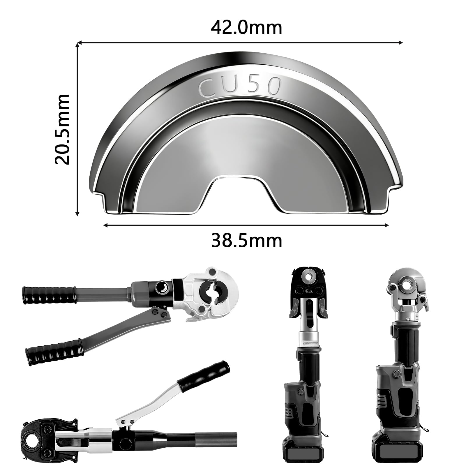 13 mordazas de presión (pinzas de presión) | 4 – 300 mm² | Adecuado para terminales de cable y férulas | Compatible con prensas hidráulicas manuales y eléctricas con insertos intercambiables