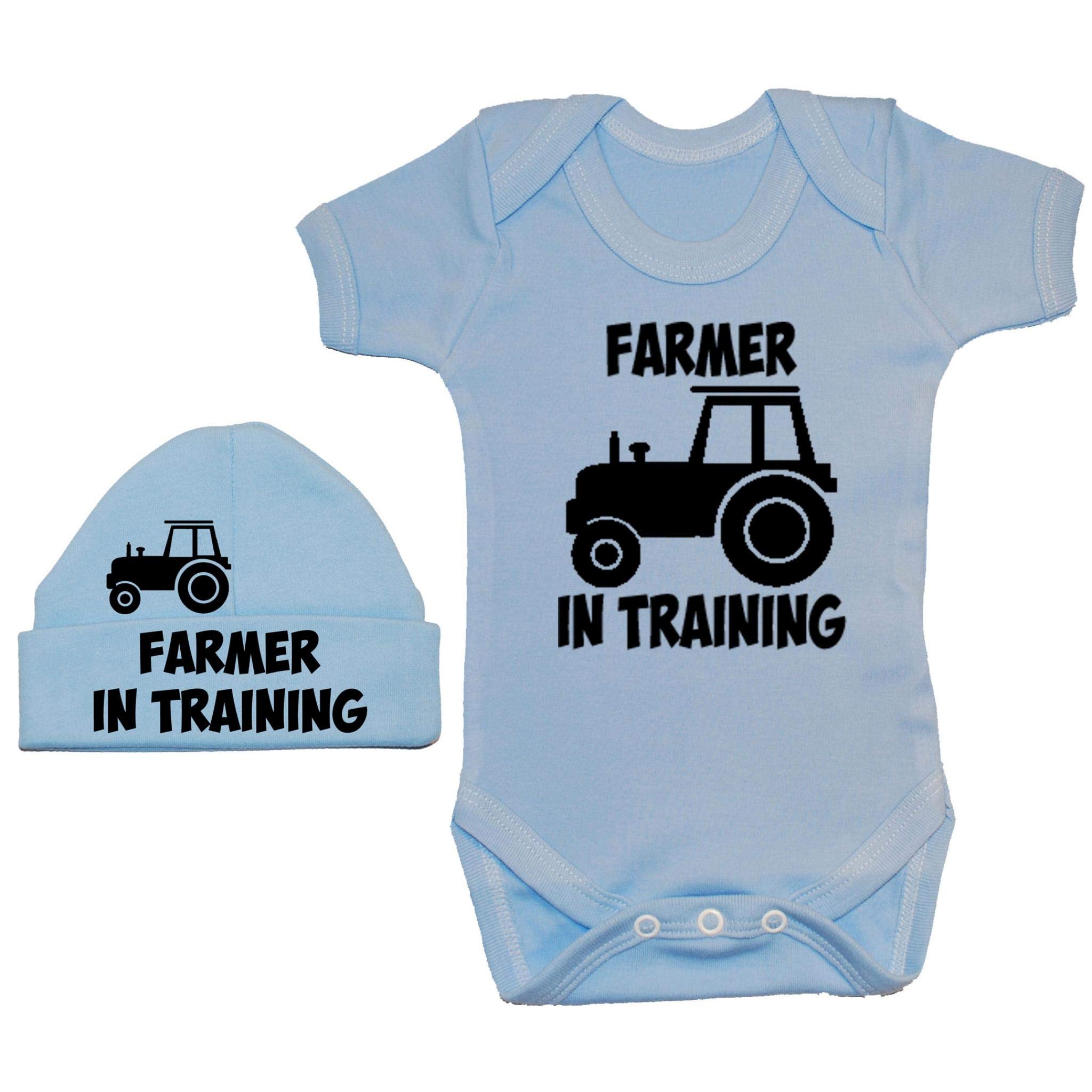 Acce Products Farmer in Training Baby Bodysuit Romper & Beanie Hat - 6-12 Months - Blue