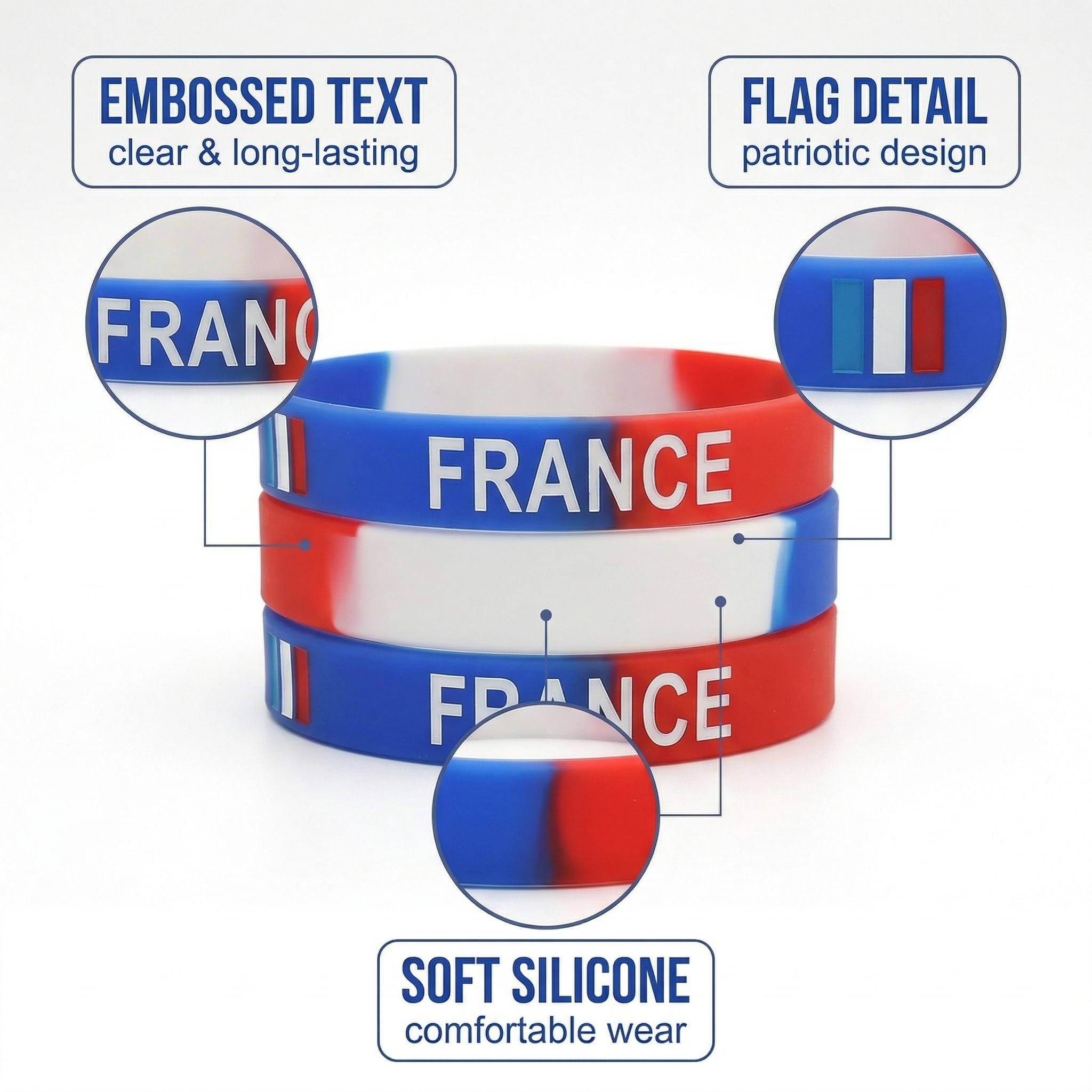 Lot de 3 Bracelets Silicone France - Accessoire Supporter Drapeau Français pour Football et Rugby - Kit Supporter Idéal