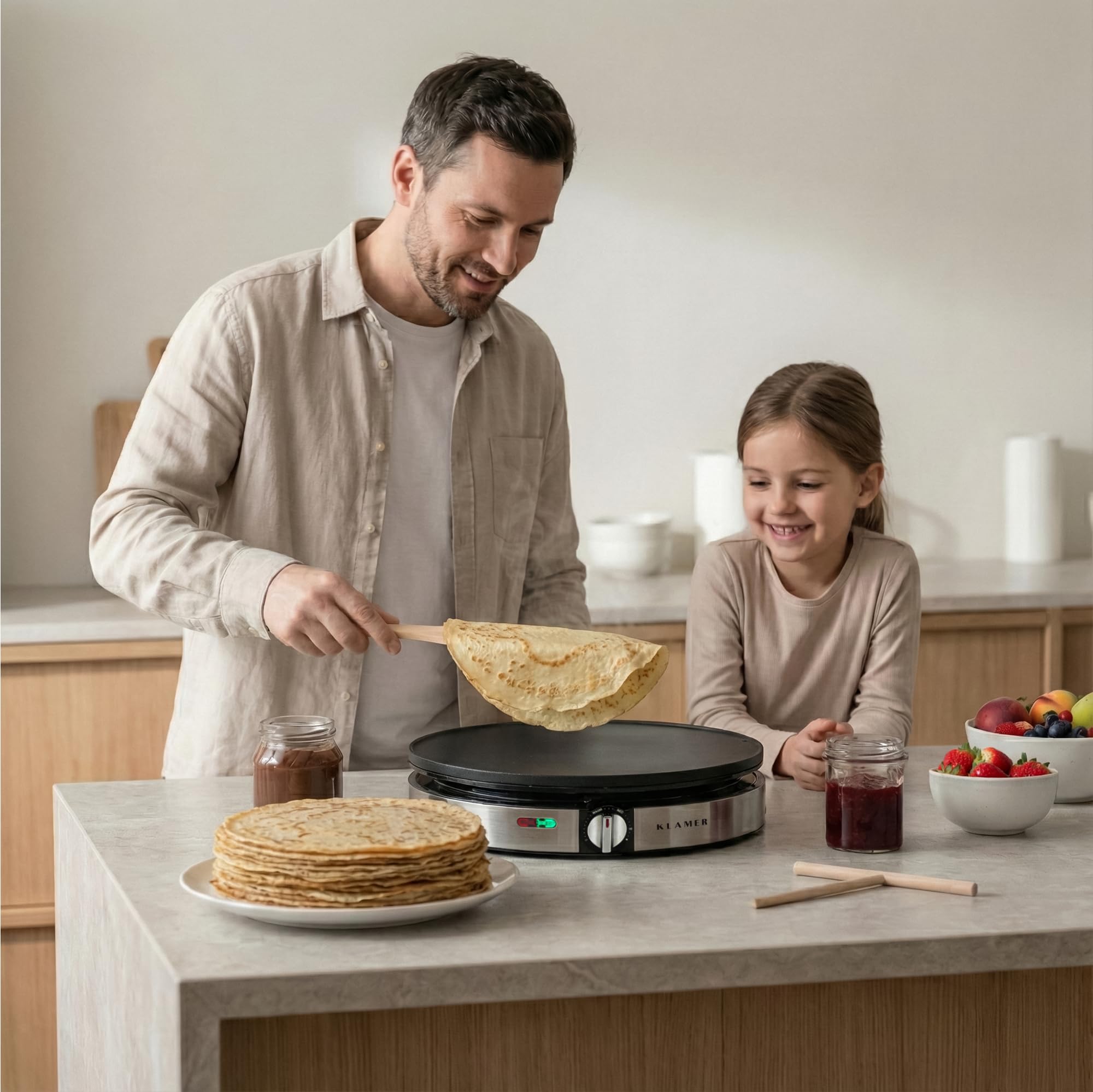 KLAMER Crepes Maker, Backfläche mit 30cm Ø, antihaftbeschichtete Platte, inkl. Teigverteiler und Wender aus Holz, Crepes Eisen für Crepes, Pancakes & Tortilla, 1400W