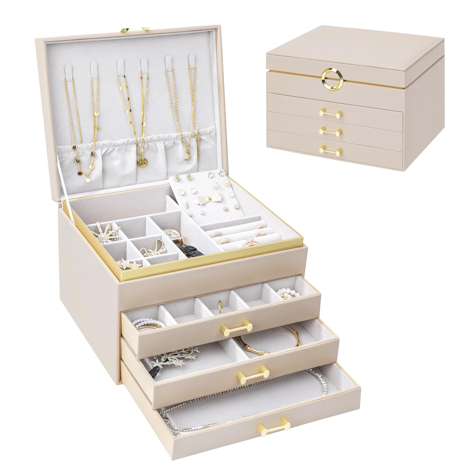 Schmuckschatulle für Damen und Mädchen, 4-lagig, große Schmuckschatullen mit 3 Schubladen, Schmuck-Aufbewahrungsbox für Ohrringe, Armbänder, Halsketten