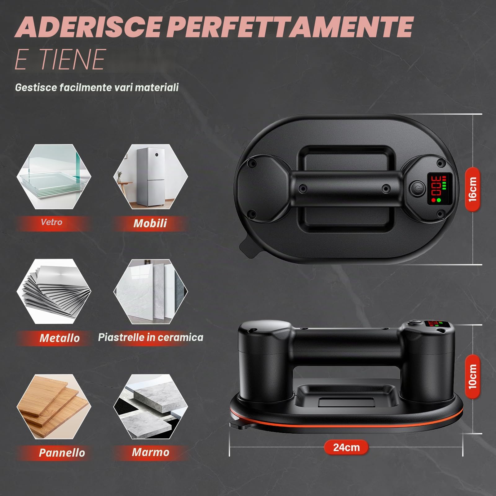 Ventosa a Batteria per Piastrelle Ventosa Elettrica,Diametro 24 cm, 2 Motori, 300 KG di Forza di Aspirazione,Batteria da 4000 mAh, Display LCD per Potenza di per Pavimenti, Piastrelle Murali, Vetro