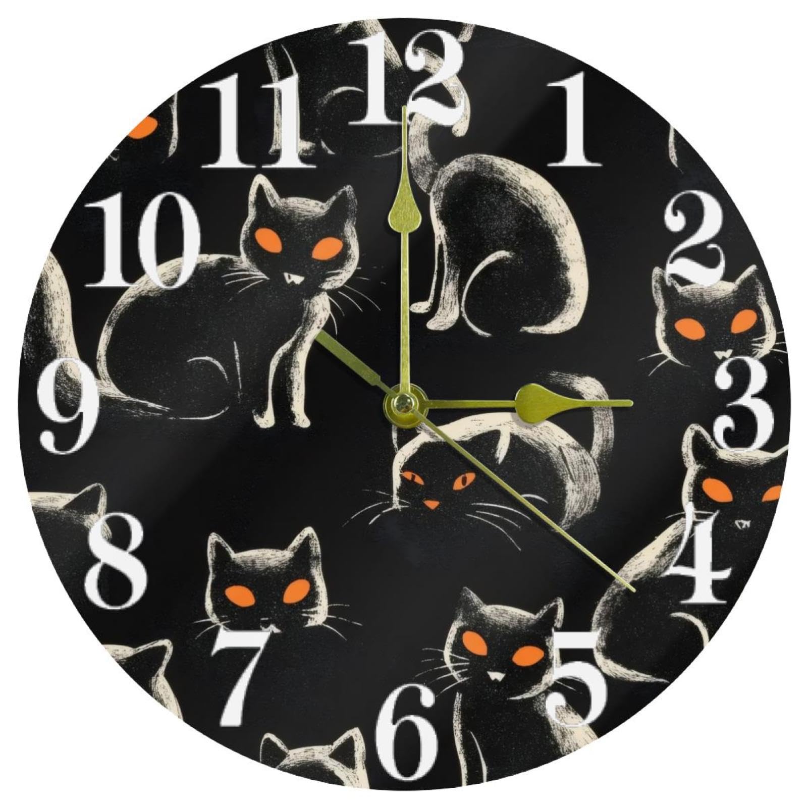 Horloge murale ronde anti-bruit avec motifs de chats noirs pour chambre et intérieur