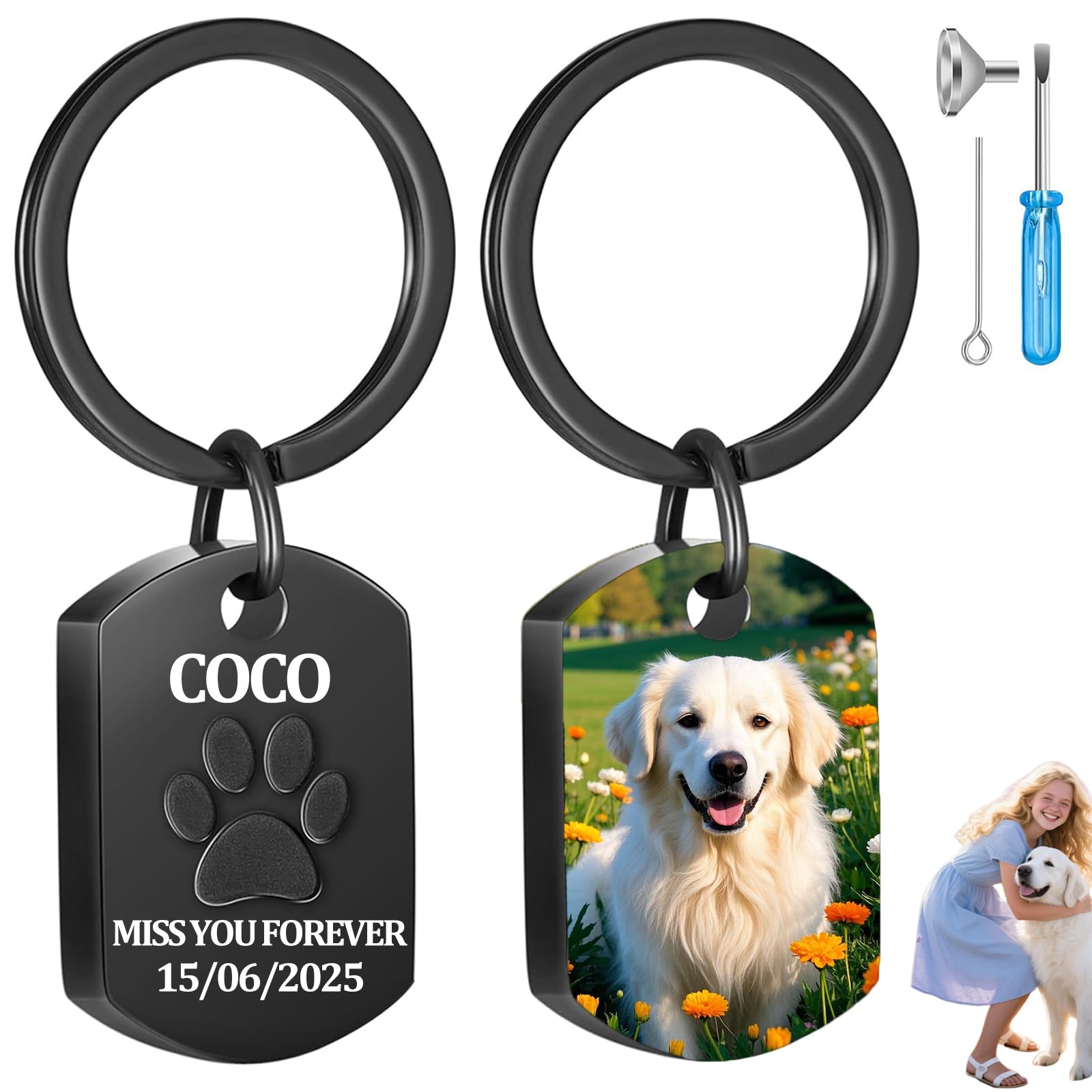 Custom Dog Urns for Ashes Keyring Engraved with Dog's Name and Text, Personalised Keyring Mini Pet Urns for Dogs Ashes, Cat Urn Dog Ashes Keepsake, Stainless Steel Pet Urn, Pet Memorial Gifts (H-01)