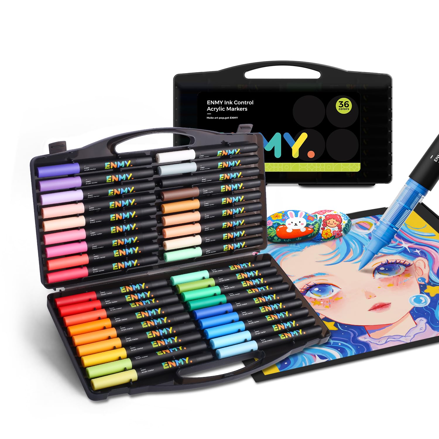 ENMY 36 Colours Direct Liquid Acrylic Brush Markers for Anime Drawing, Soft Brush Tip Acrylic Paint Pens for Manga Illustration, Character Art, Canvas, Wood, Glass and Paper — image 1