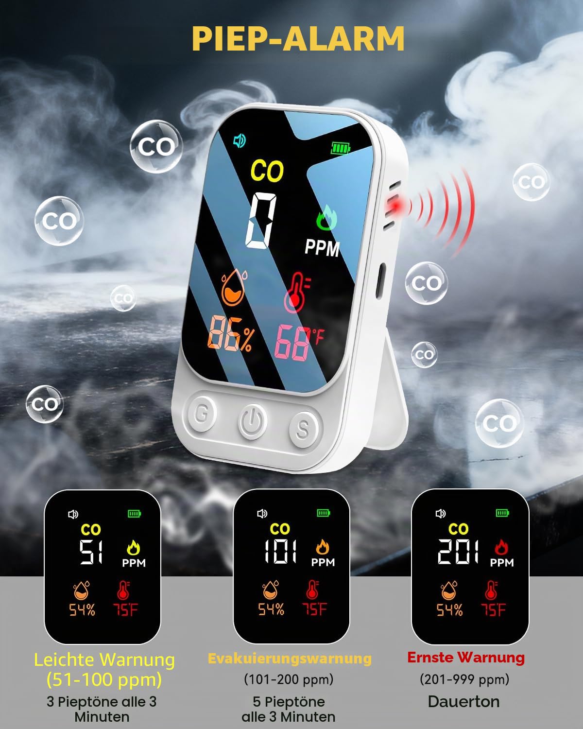 3 in 1 Kohlenmonoxid Melder Co Messgerät Co Melder Zum Mitnehmen Mit Temperatur Luftfeuchtigkeit Akustischer und Optischer Alarm 168 Stunden Standby für Reisen Zelt Camping Wohnmobil