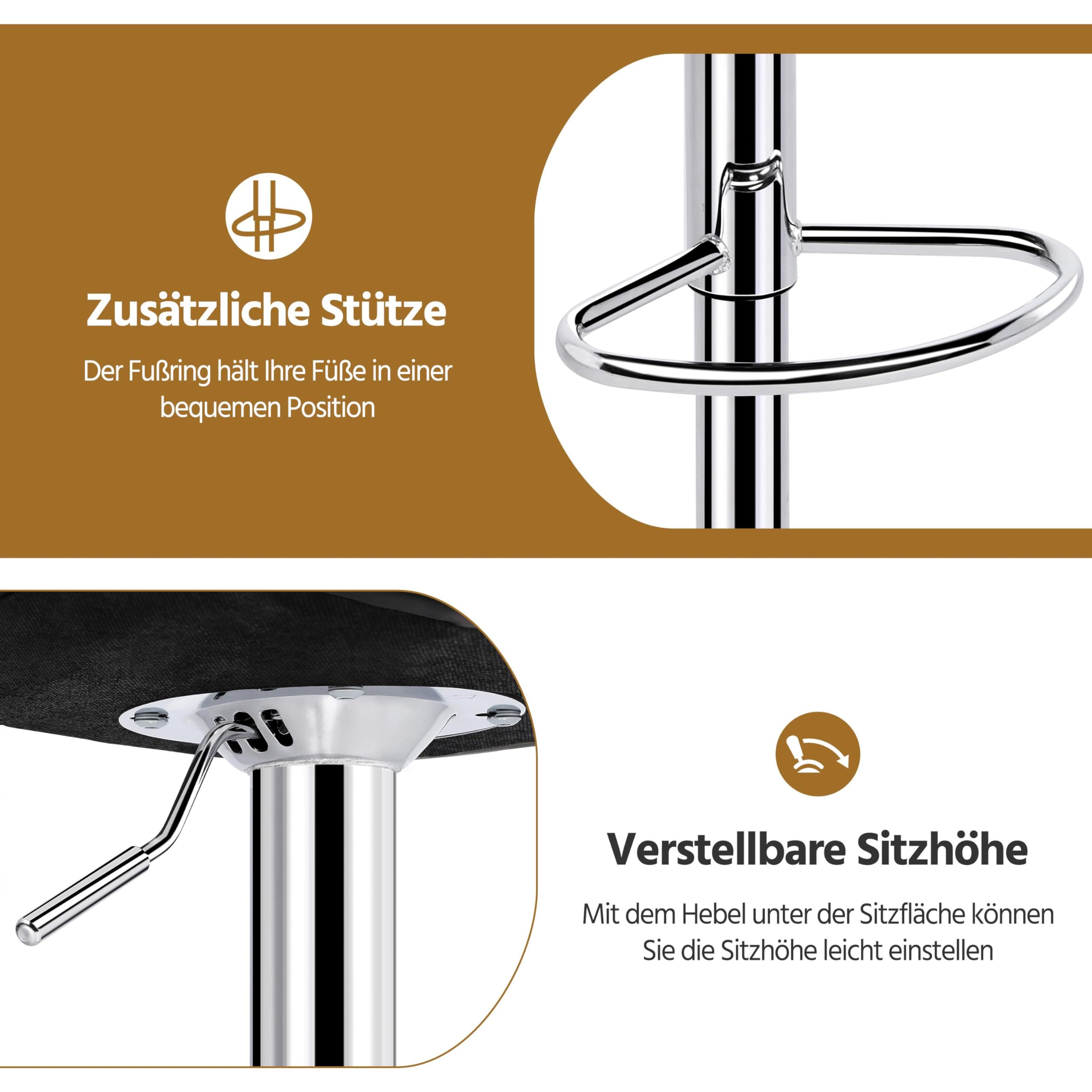 Yaheetech 2er Set Barhocker Barstühle 360°Drehbar Küchenstühle mit Rückenlehne und Fußstütze, Barstuhl PU-Kunstleder Sitzhöhe 62,5 cm - 83 cm für die Küche/Bar/Salon, Höhenverstellbar Schwarz