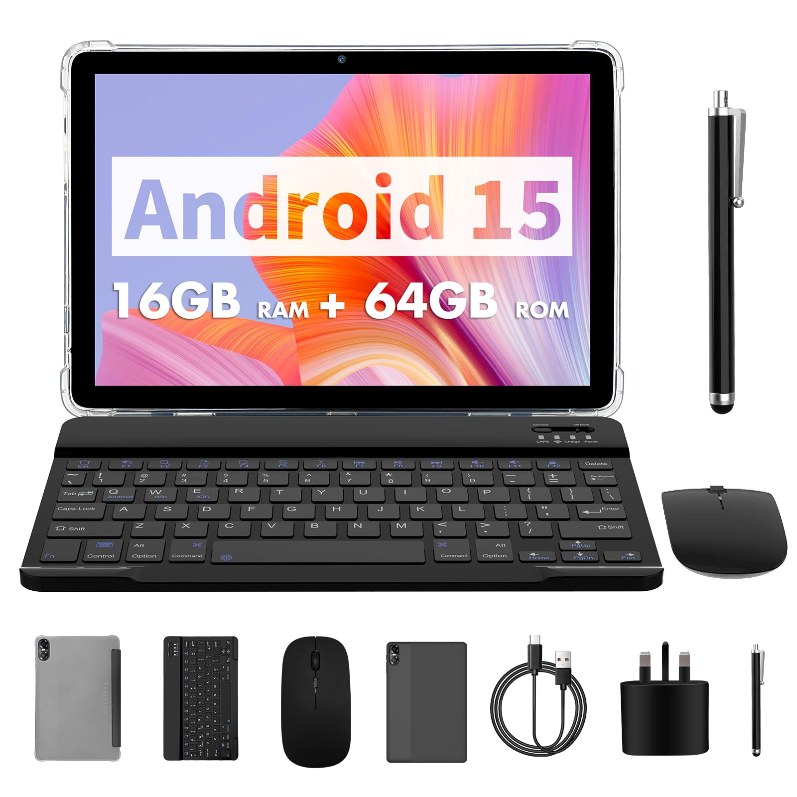 PRITOM 10 inch tablet, Android 15, 16 GB, 64 GB ROM, 1024GB Expand, 4-1 android tablets, Qcta core, WiFi 6, 6000 Mah, Tablet PC with Keyboard, Mouse, Case,Gray