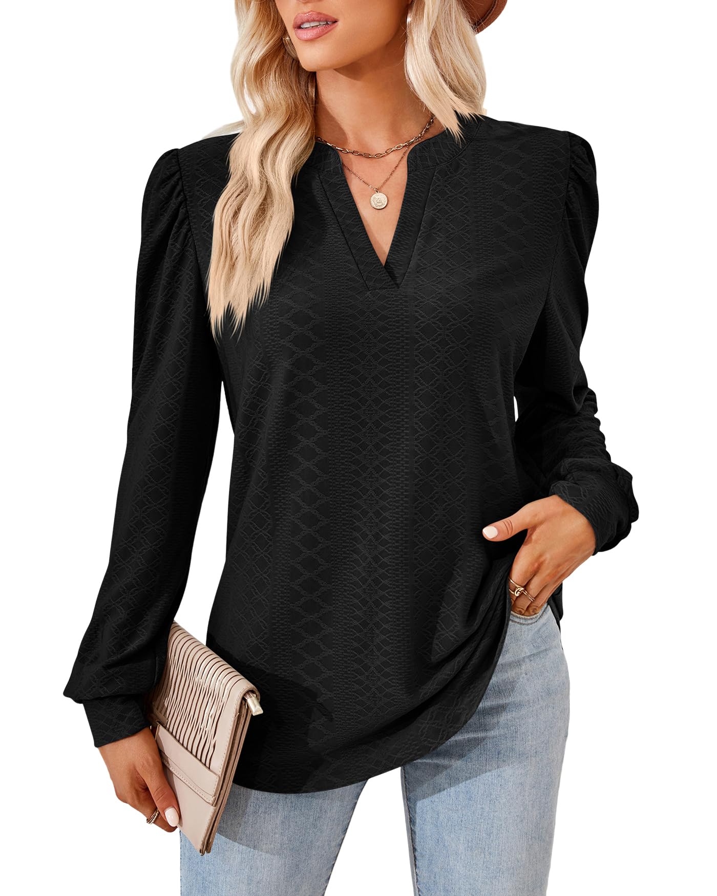 Atxnn Mujer Blusa de Manga Larga Camiseta Elegante con Cuello en V Camisas de Ligera con Jacquard Tops de Color Sólido