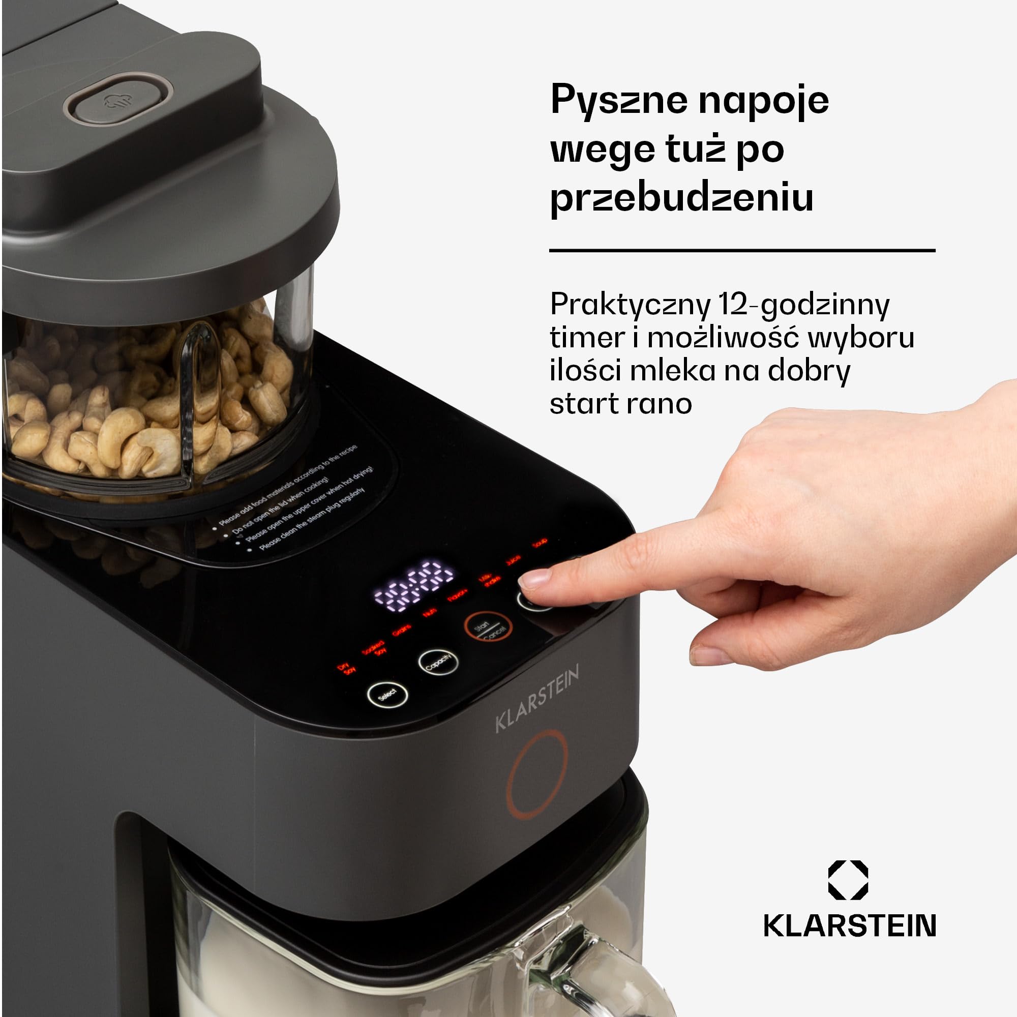 Klarstein Blender, Blender kielichowy 300 W silnik i 1250 W moc grzania, wysokiej mocy do mleka roślinnego, do smoothie z technologią 360°, 30 000 obr/min, Ekran dotykowy, Czarny