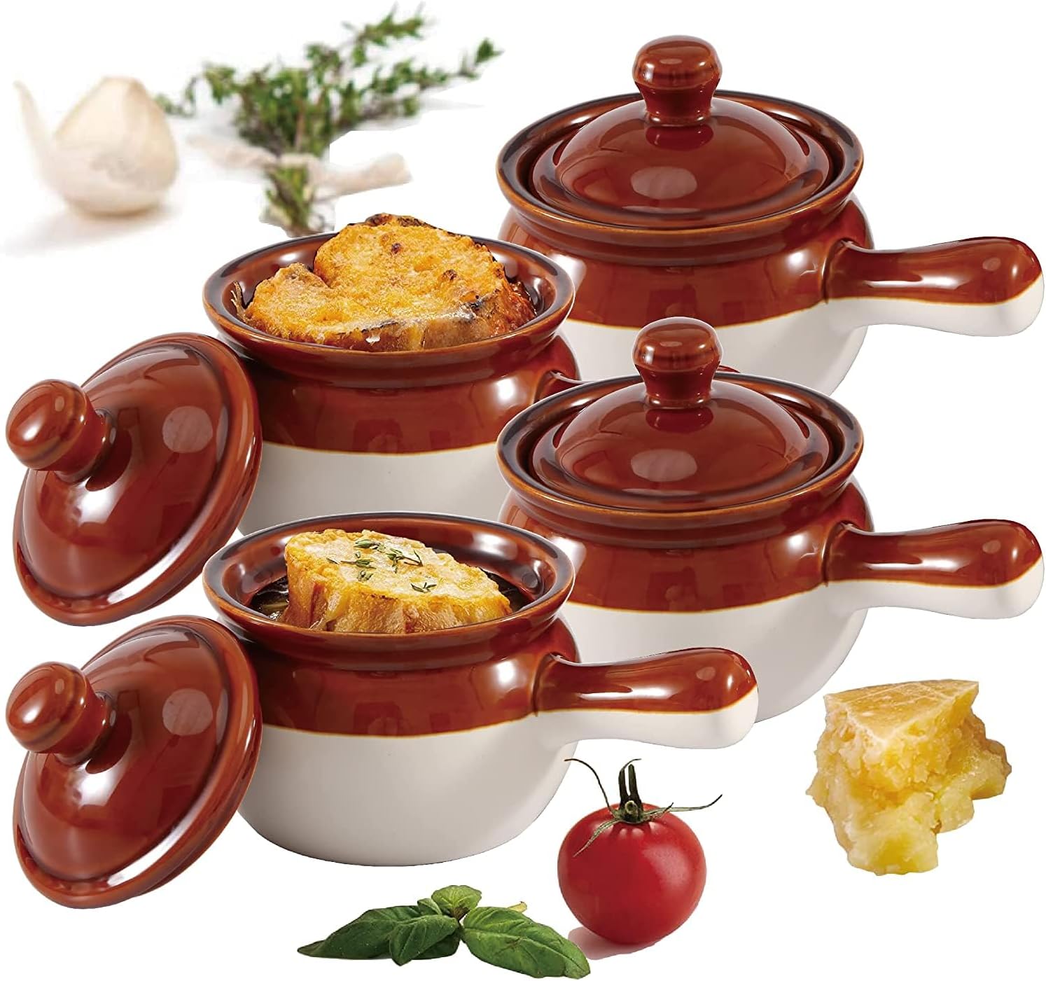 20oz Oven And Microwave Safe Soup Bowls With Lids, Stoneware Chili Crocks With Handles 4-Pack, French Onion Soup Crocks