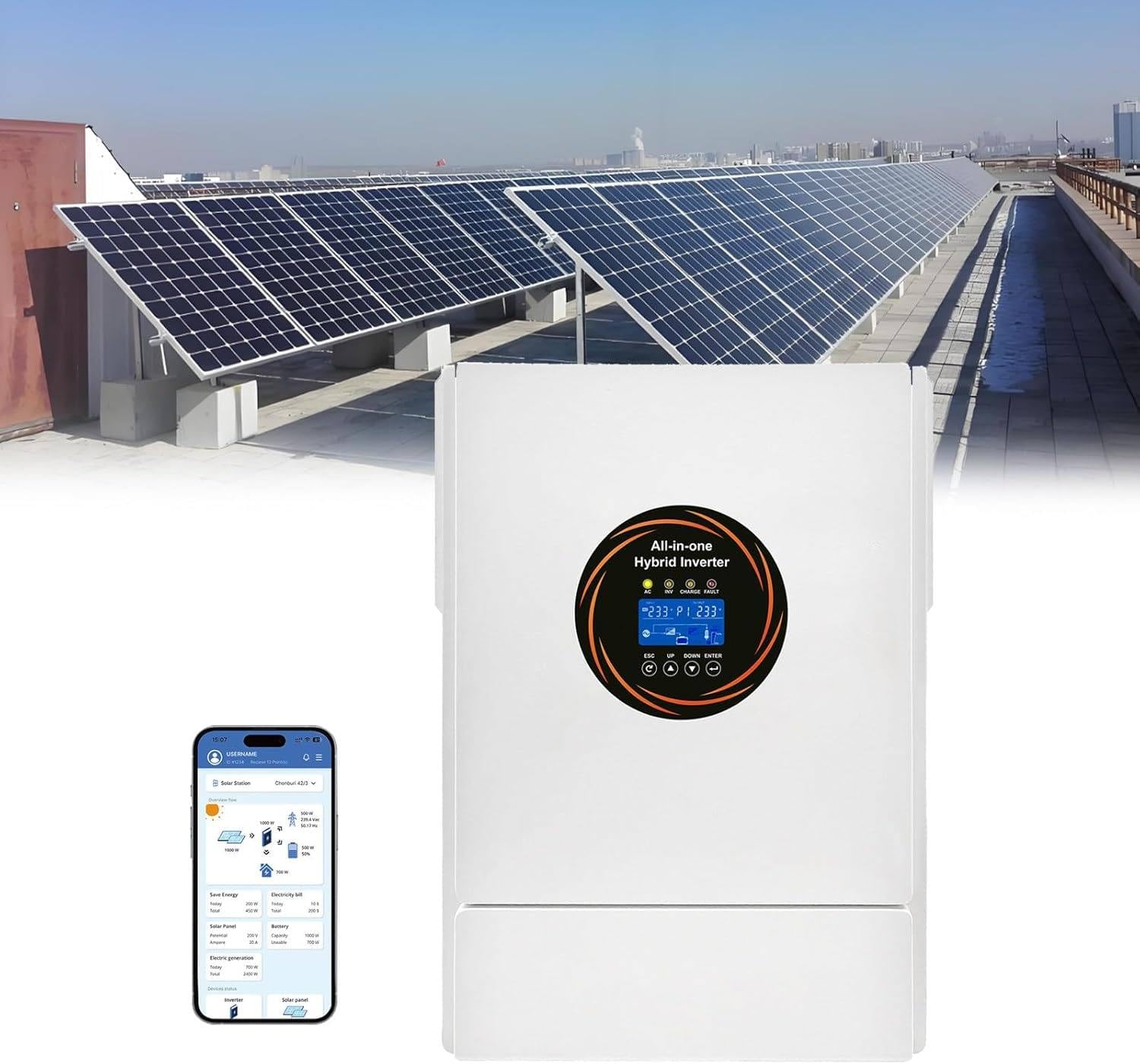 Inversor Solar híbrido de 5500 W, 48 V a 110 V/220 V, 5,5 kW, para Uso Fuera de la Red, con Controlador de Carga MPPT de 120 A Integrado, inversor de Onda sinusoidal Pura. 110V