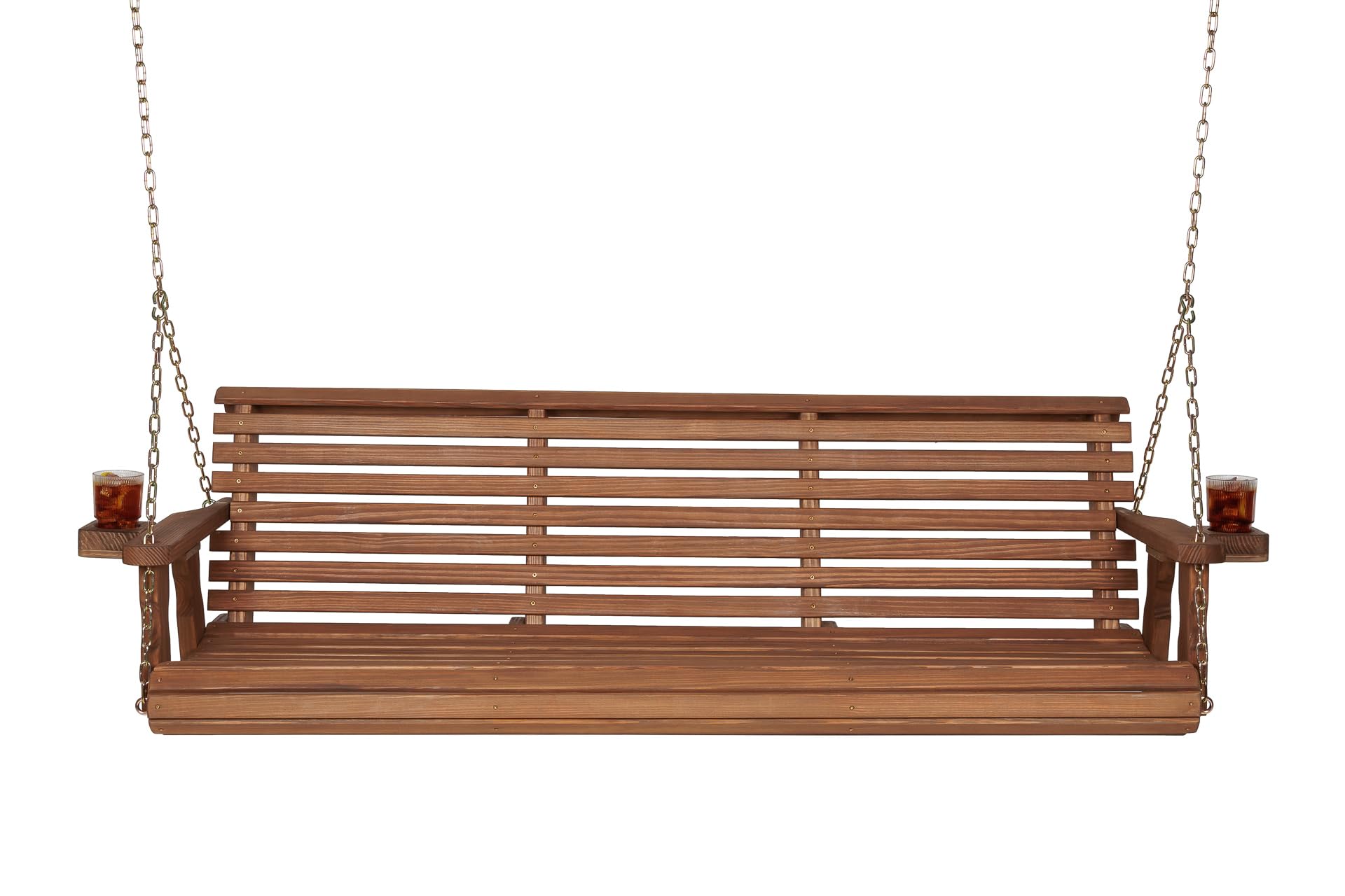 Amish Casual Heavy Duty 700 Lb Capacity Porch Swing with Cupholders (6 Foot, Oak Stain) – Wooden Outdoor Roll Back Swing with Hanging Chains – Amish Made in the USA
