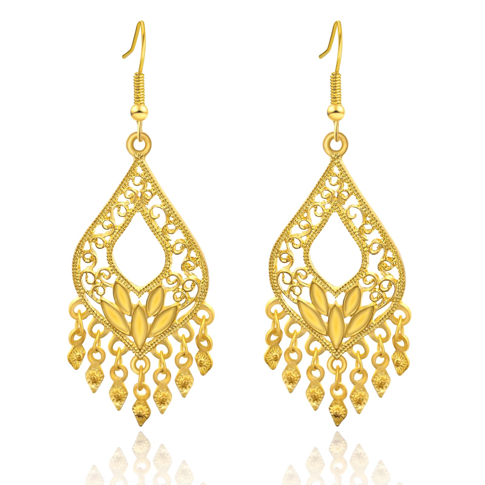 18K Gold Plated Filigree Dangle Earrings - Boho Indian Jewelry - Long Chandelier Design - Gold Plated Brass - 1.02 inches - No Gemstone