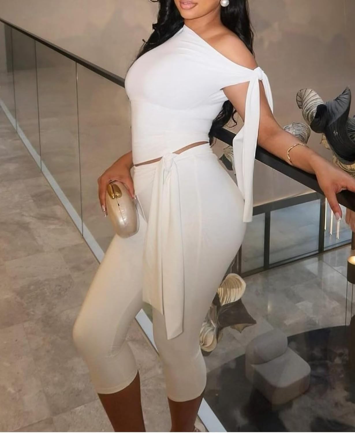 CXXQ Sexy 2 Piece Outfits Off Shoulder Self Tie Crop Tops and Capri Legging Set Tracksuits Clubwear - Image 4