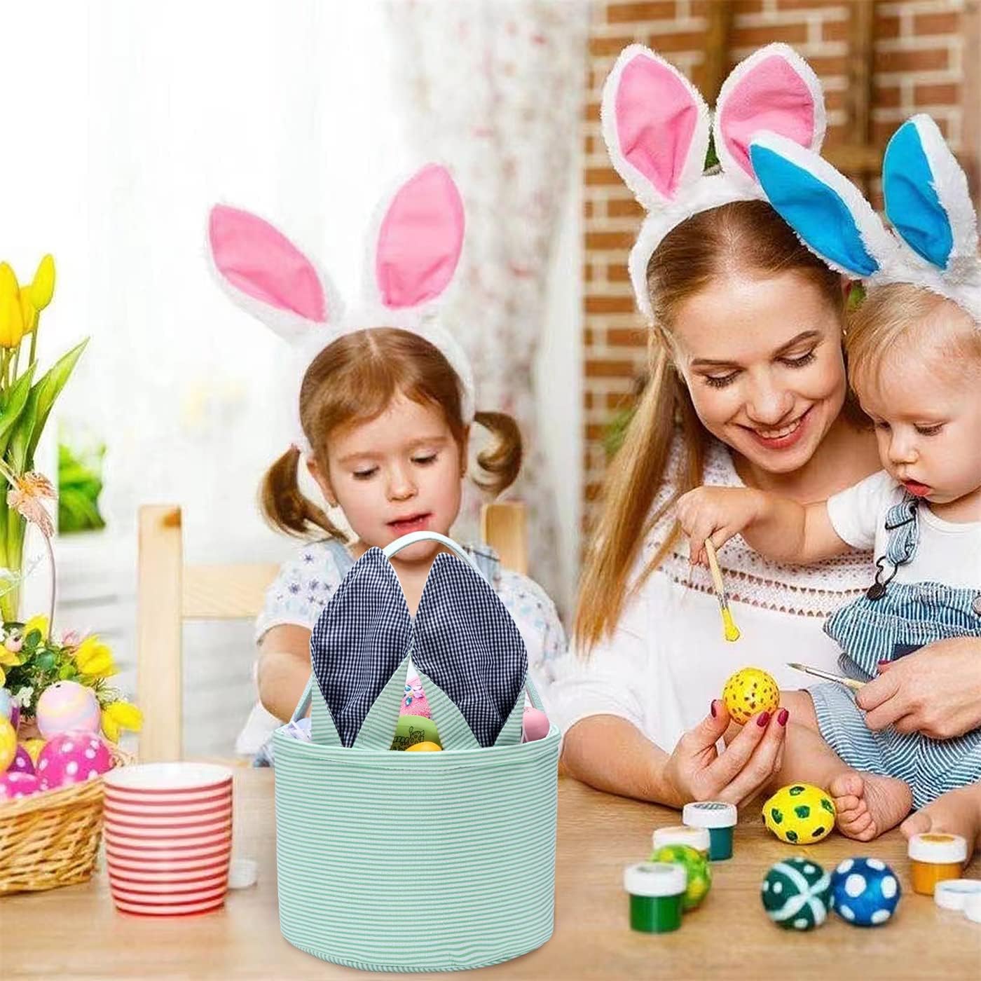 Easter Basket Easter Egg Hunting Basket Easter Bunny Basket Candy Egg Basket Gift Buckets Seersucker Egg Basket Bags for,Personalized Bags