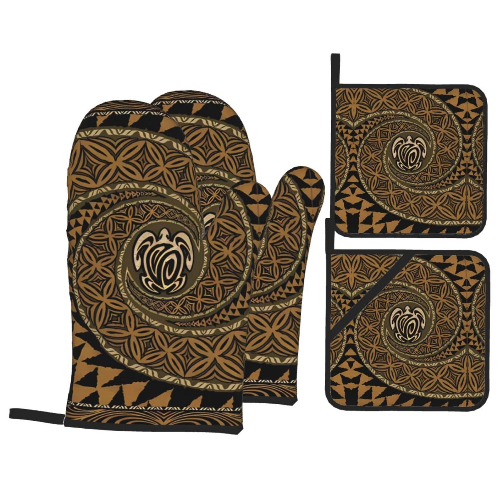 HJFCZH Hawaiian Tapa Honu Turtle Prints Kitchen Throw Set: Durable Oven Layers with Waterproof Polyester – 4 Piece Heat Protection System