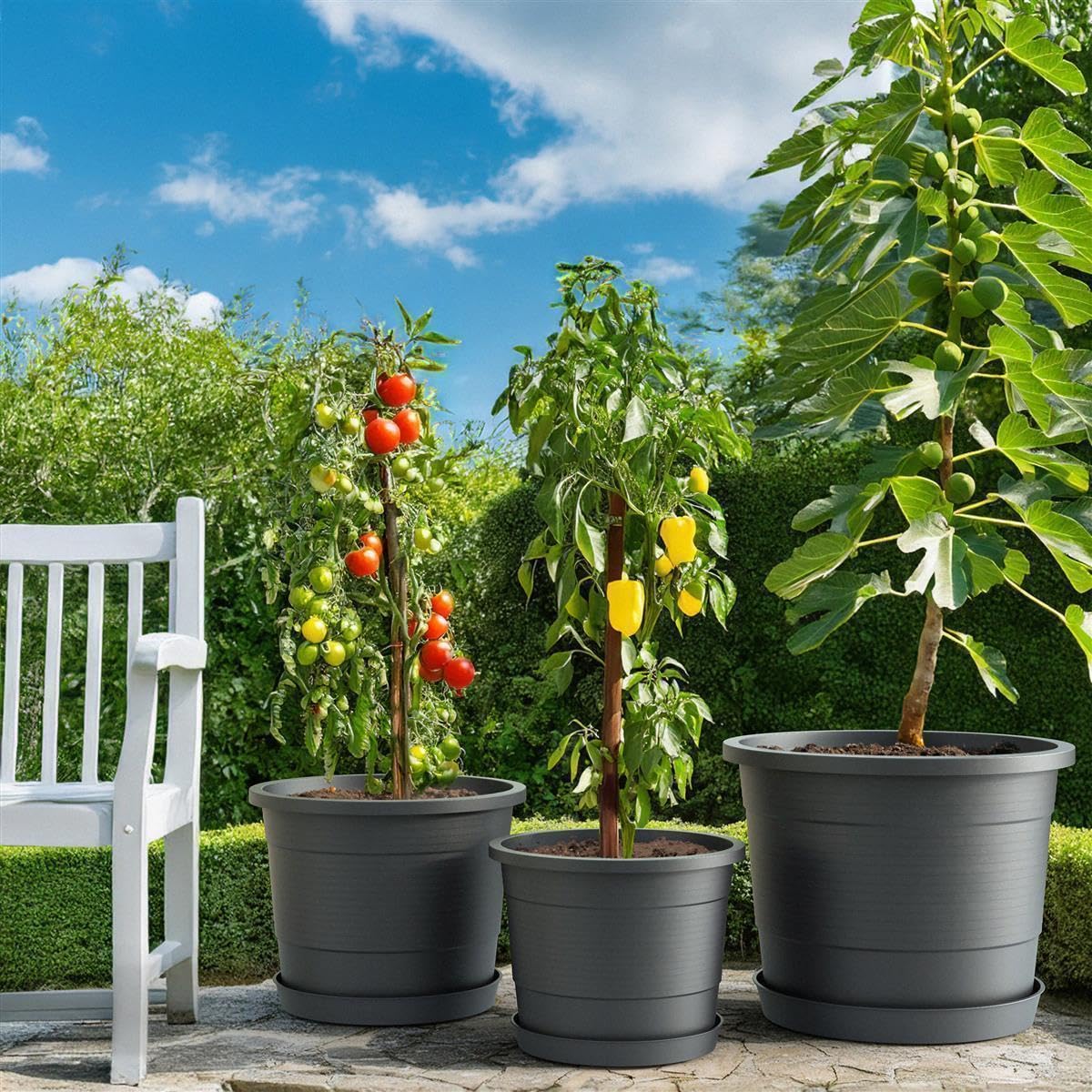 Plastard Blumentopf Terra Ø 54 cm Anthrazit mit Untersetzer, wetterfester Pflanzkübel, Pflanztopf, Blumenkübel, Übertopf für Innen & Außen aus Kunststoff mit Überlauf