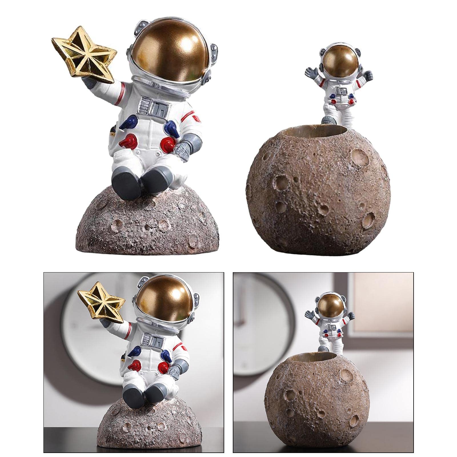 2 figuras de astronauta de resina con escultura de luna, decoración de oficina y hogar