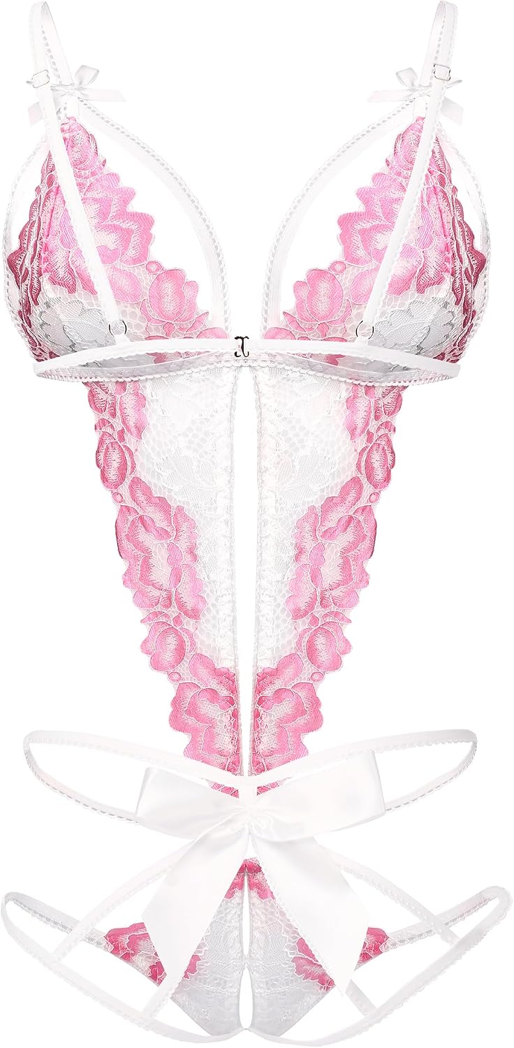 Donnalla Women's Deep V Lace Teddy One Piece Lingerie Cutout Strappy Lingerie