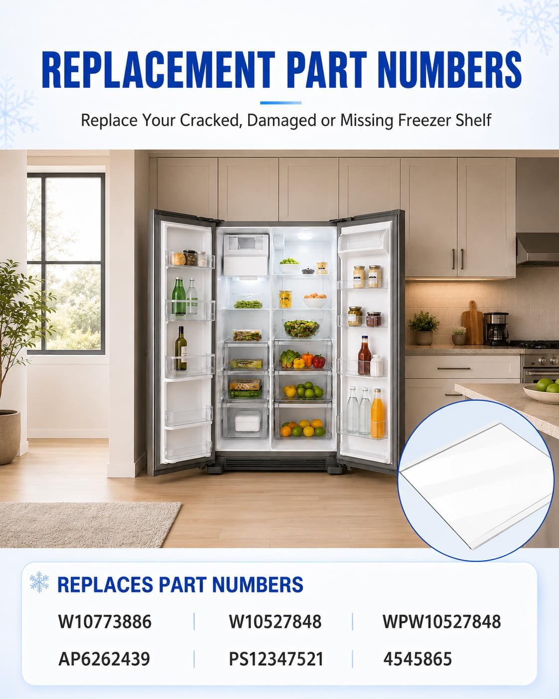 W11130202 Freezer Glass Shelf Replacement for Whirlpool WRS571CIHZ, Refrigerator Glass Shelf Parts, Side by Side Freezer Tempered Glass Shelf WRS571CIHZ04, WRS571CIHZ01, W10527848, 4545865