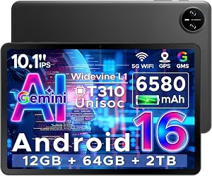 Tab A9 Android 16 Tablet With Gemini AI 10 Inch 2026, Unisoc T310&12GB+64GB/ 2TB TF, 6580 mAh Battery, Android Tablets, 5G WiFi| Dual Speaker| AI Camera| Type-C| GMS|BT| Face ID| 3.5mm Jack – BLACK