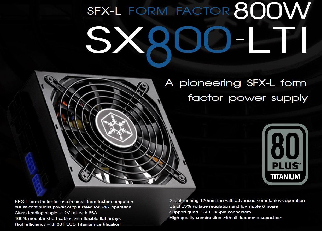 SilverStone SST-SX800-LTI - Alimentatore per PC SFX-L Series, 800W 80 Plus Titanum PC Power Supply, Low Noise 120mm, 100% modular