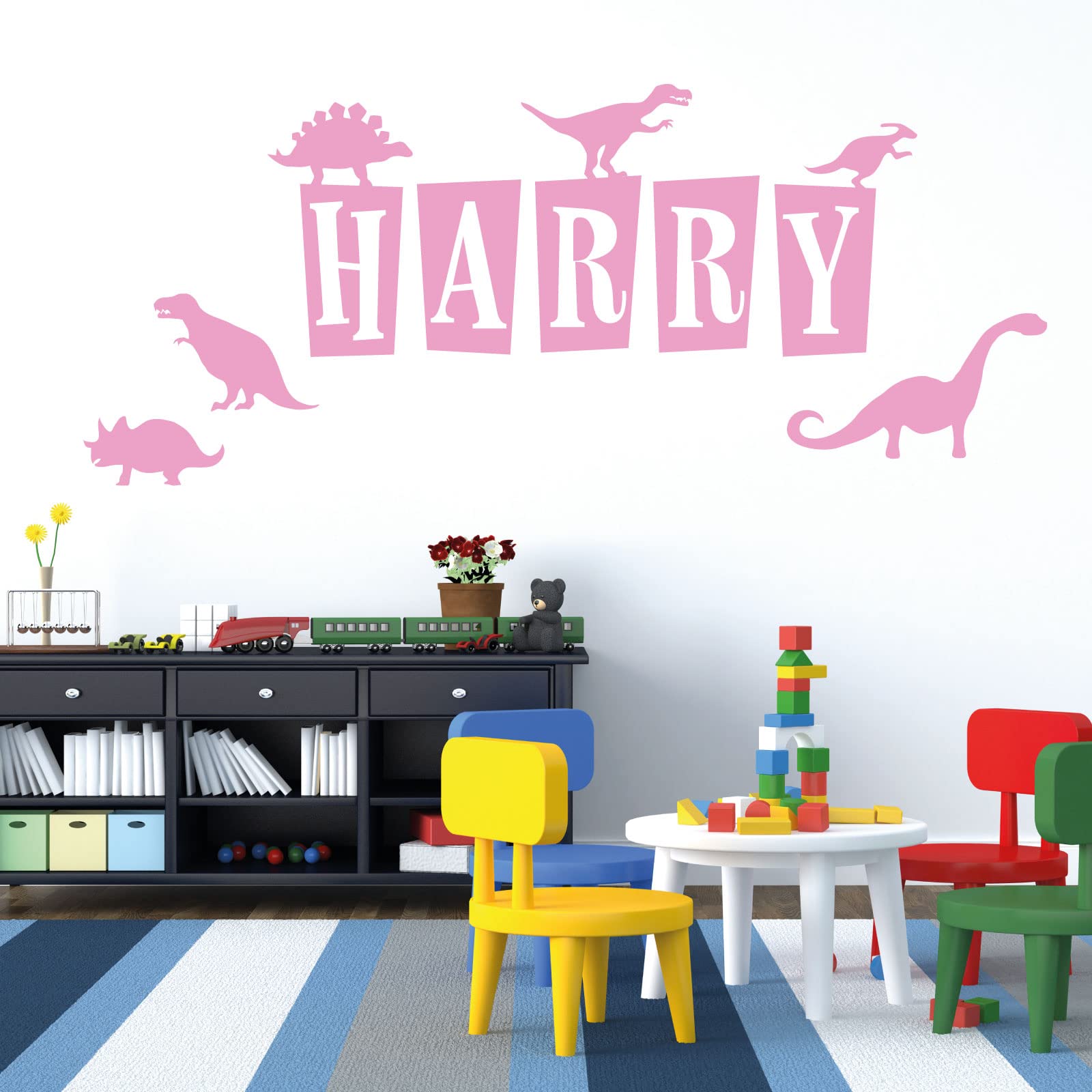 Personalised Name - Dinosaurs, T-Rex, Apatosaurus, Jurassic Era - Children's Bedroom Vinyl Wall Decal Sticker [Medium] [Pink]
